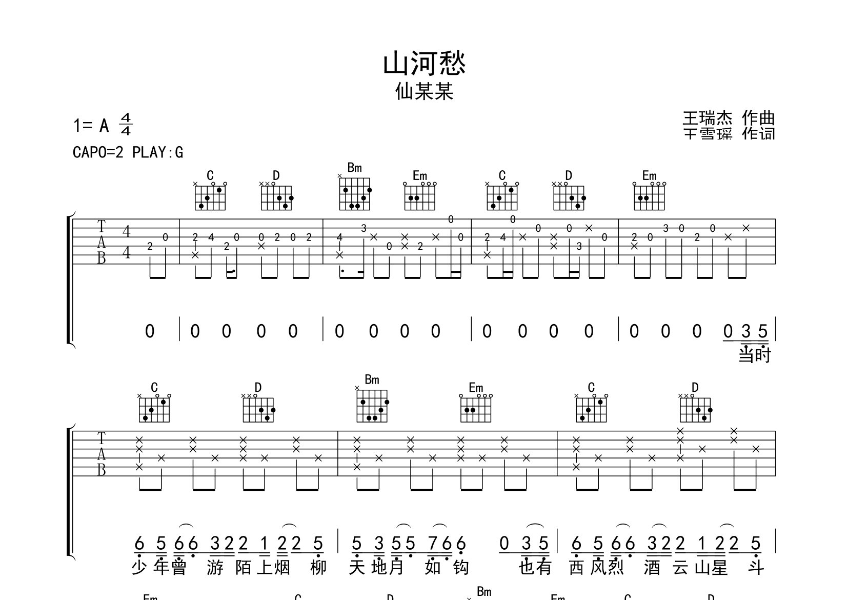 山河愁吉他谱预览图