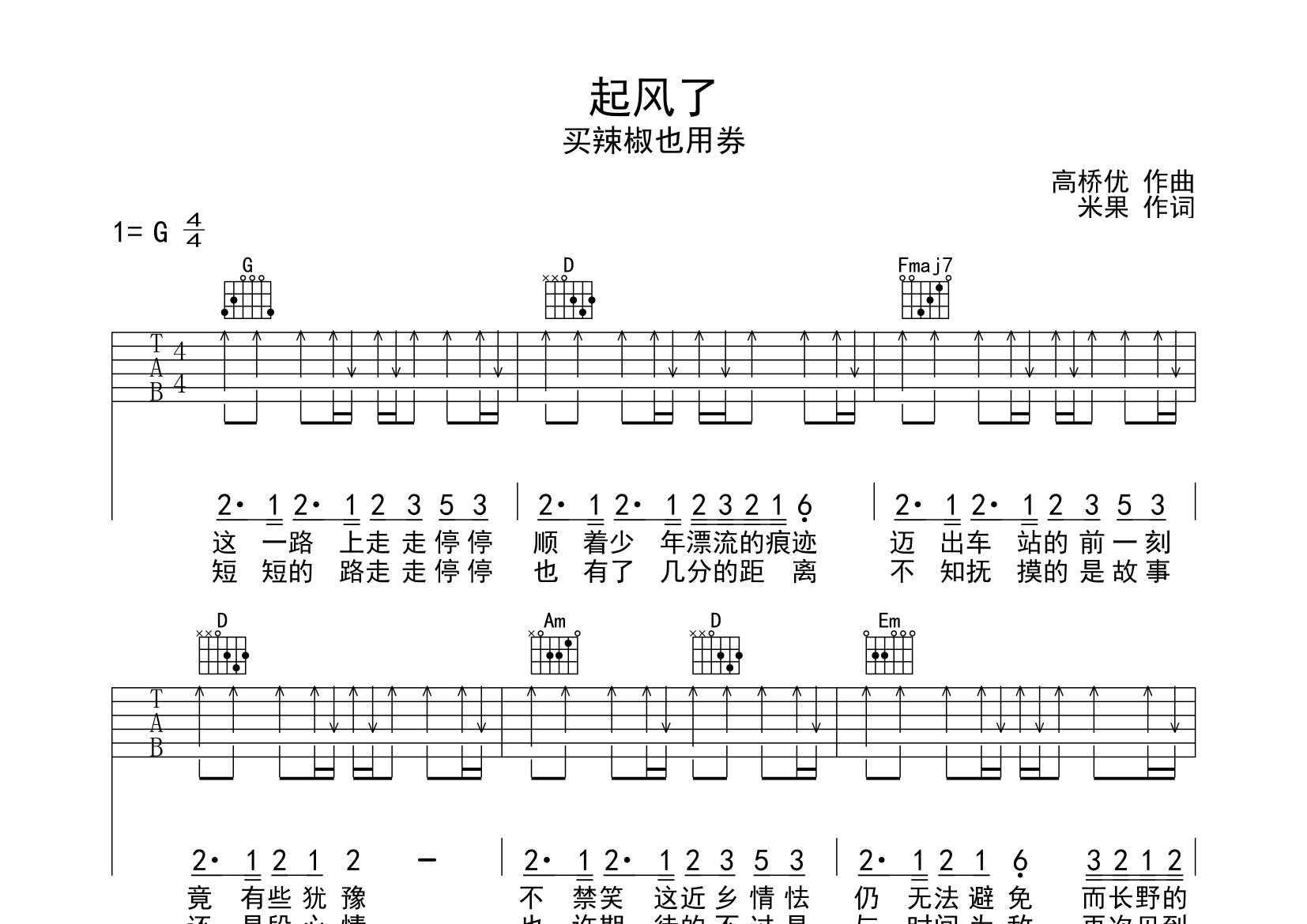起风了吉他谱预览图