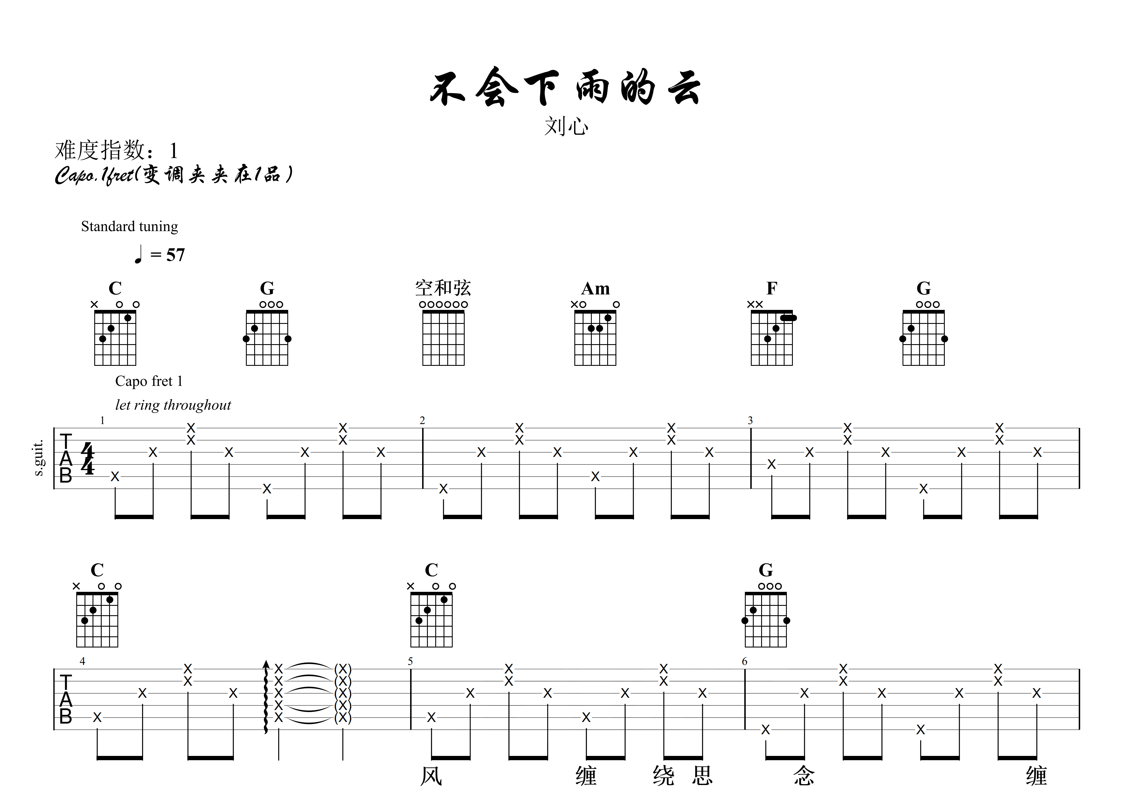 不会下雨的云吉他谱预览图