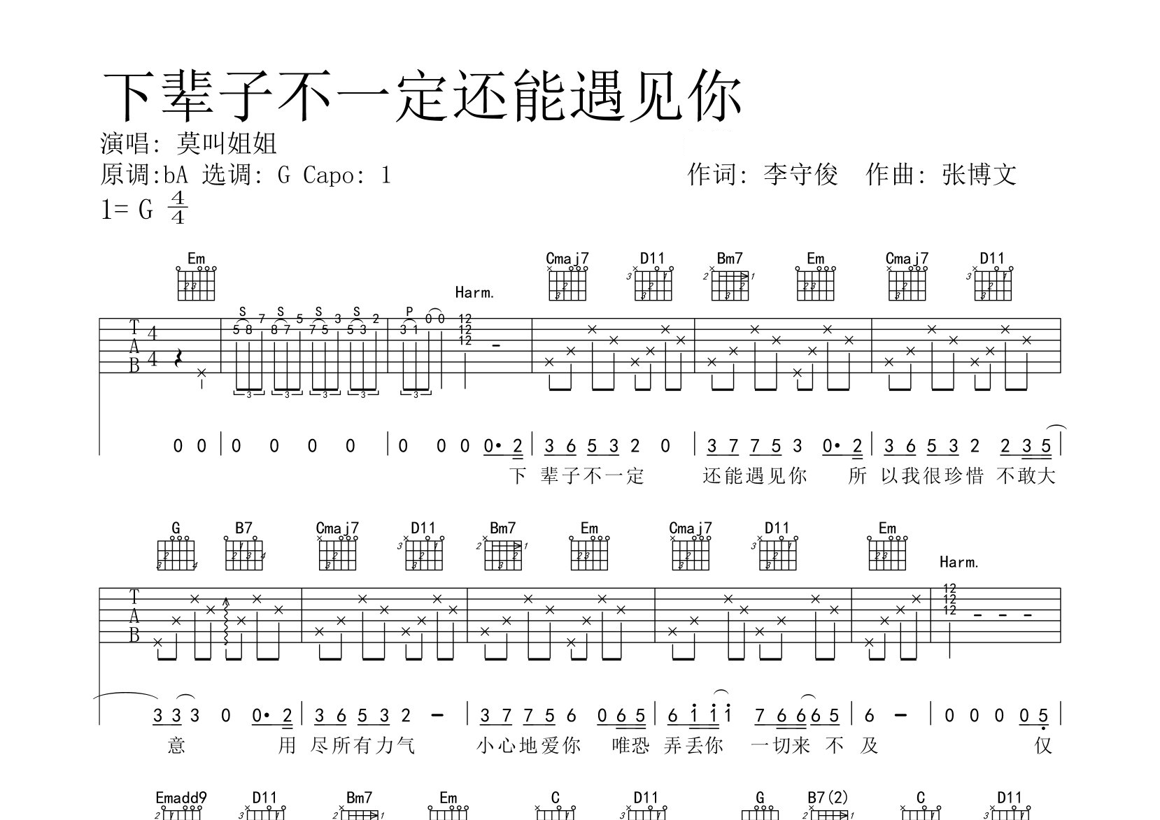 下辈子不一定还能遇见你吉他谱预览图