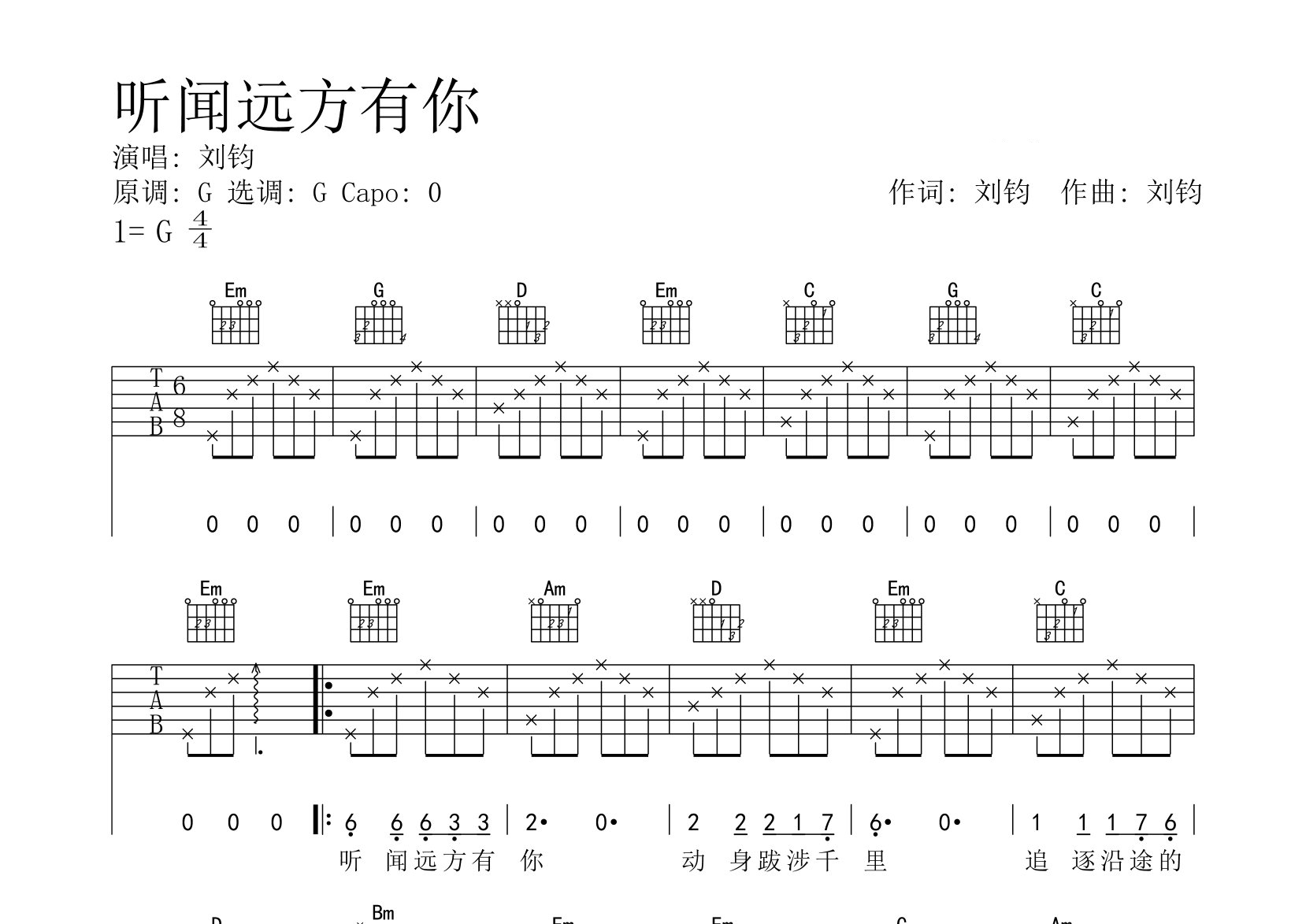 听闻远方有你吉他谱预览图
