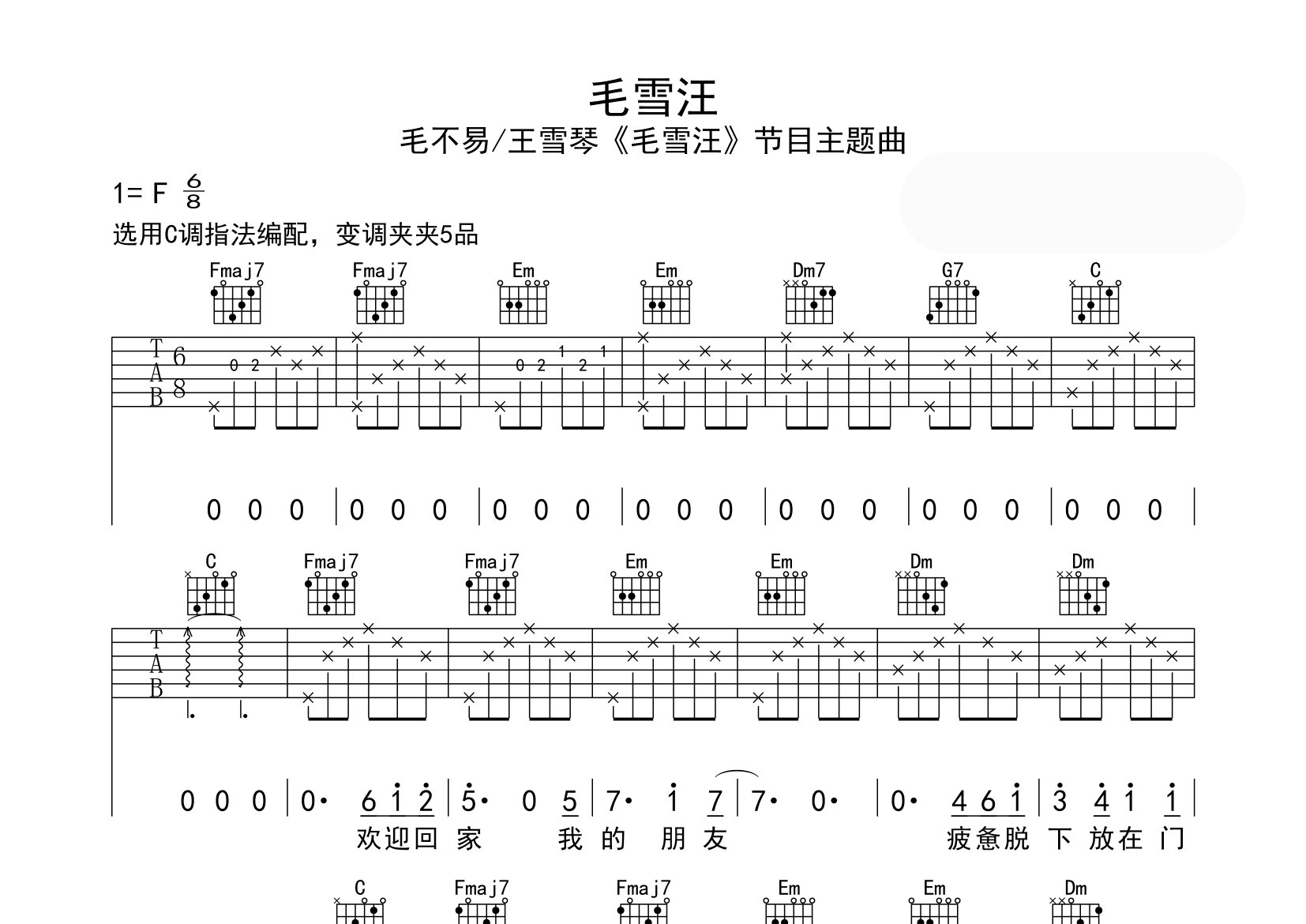 毛雪汪吉他谱预览图