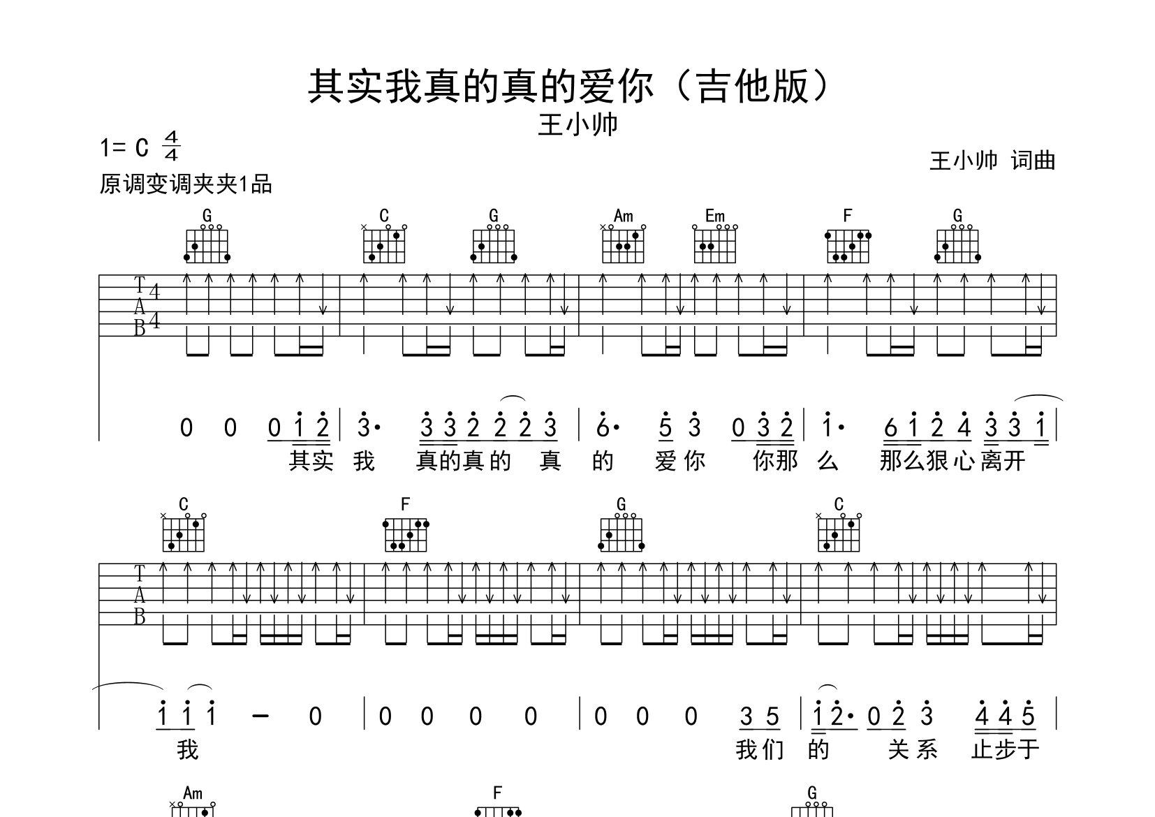 其实我真的真的爱你吉他谱预览图
