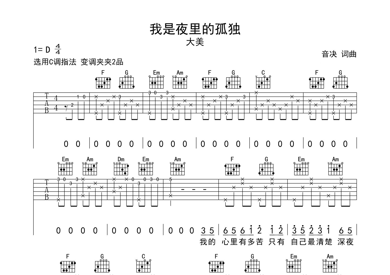 我是夜里的孤独吉他谱预览图