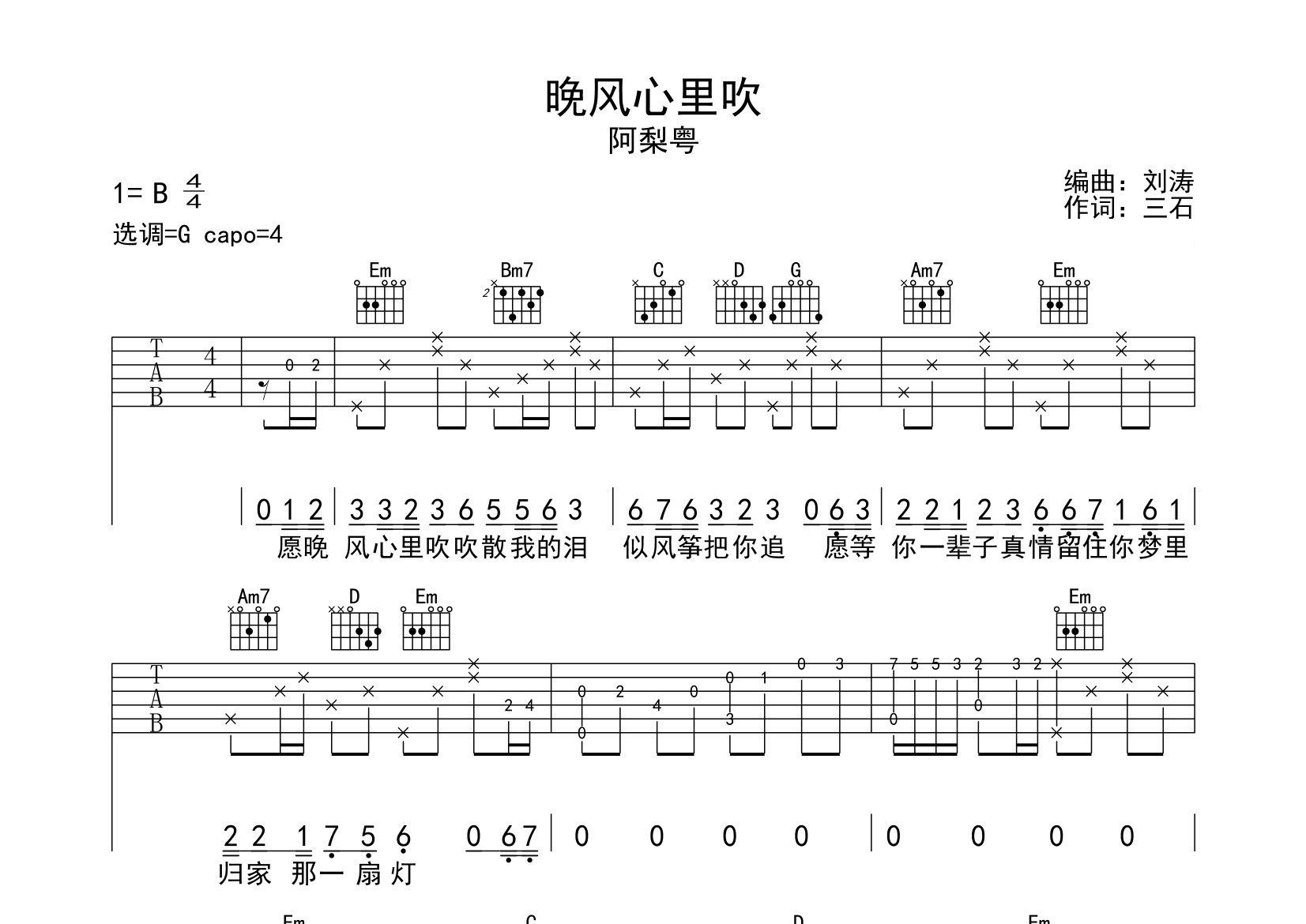晚风心里吹吉他谱预览图