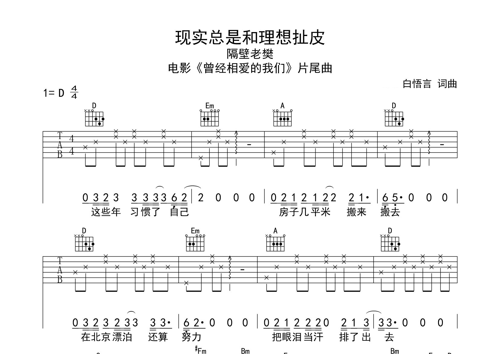 现实总是和理想扯皮吉他谱预览图