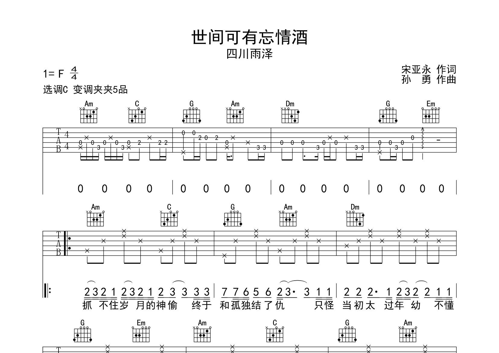 世间可有忘情酒吉他谱预览图