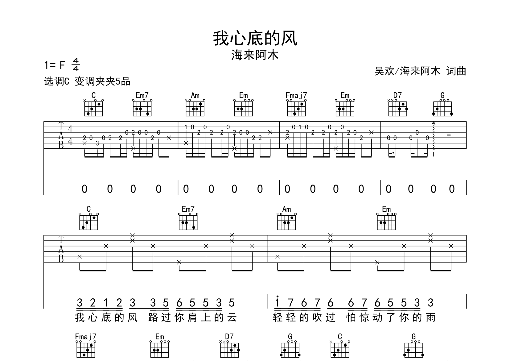 我心底的风吉他谱预览图