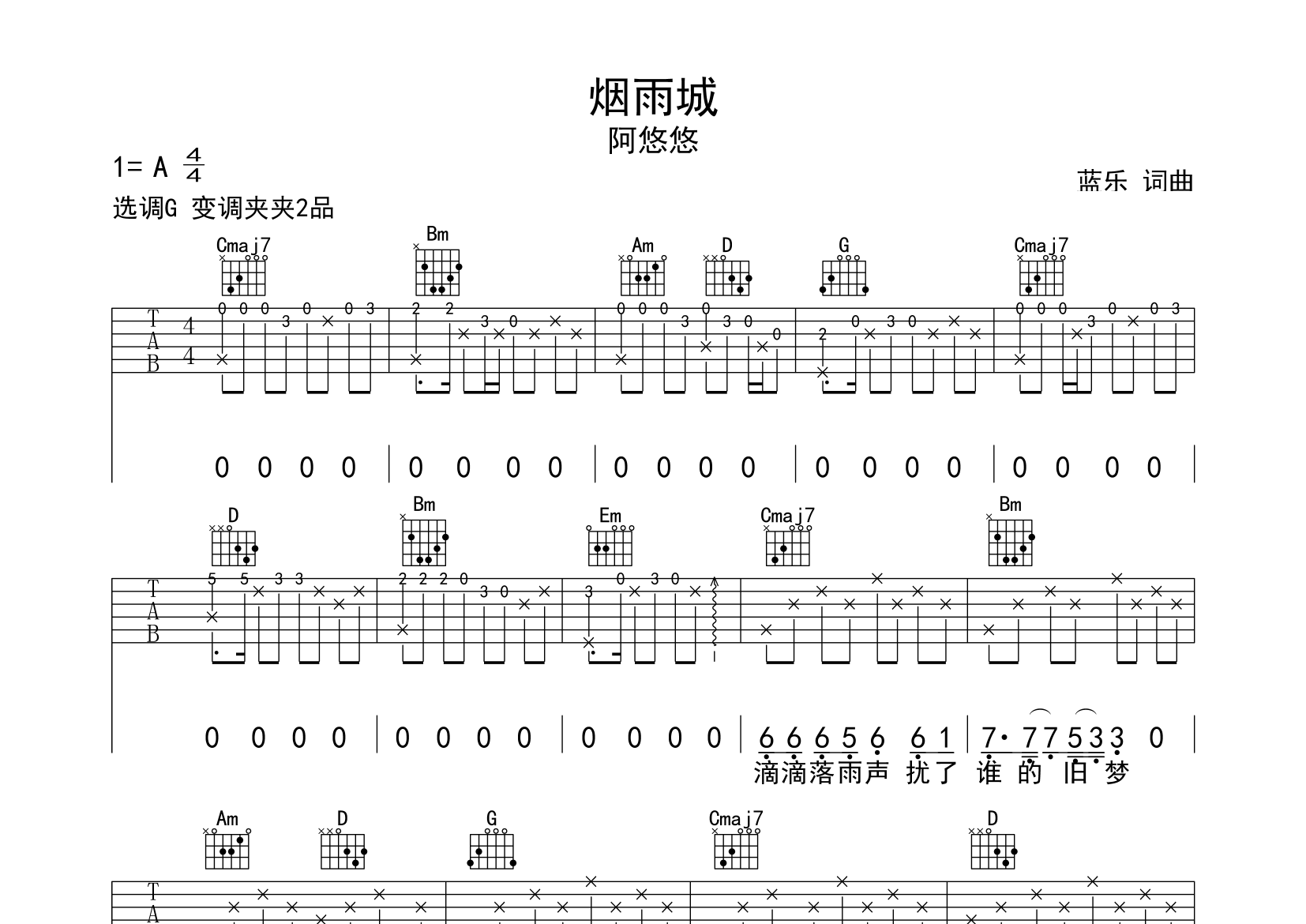 烟雨城吉他谱预览图