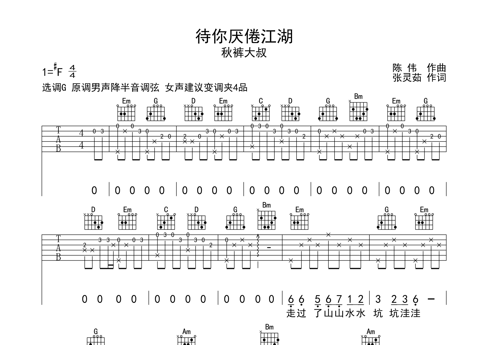 待你厌倦江湖吉他谱预览图
