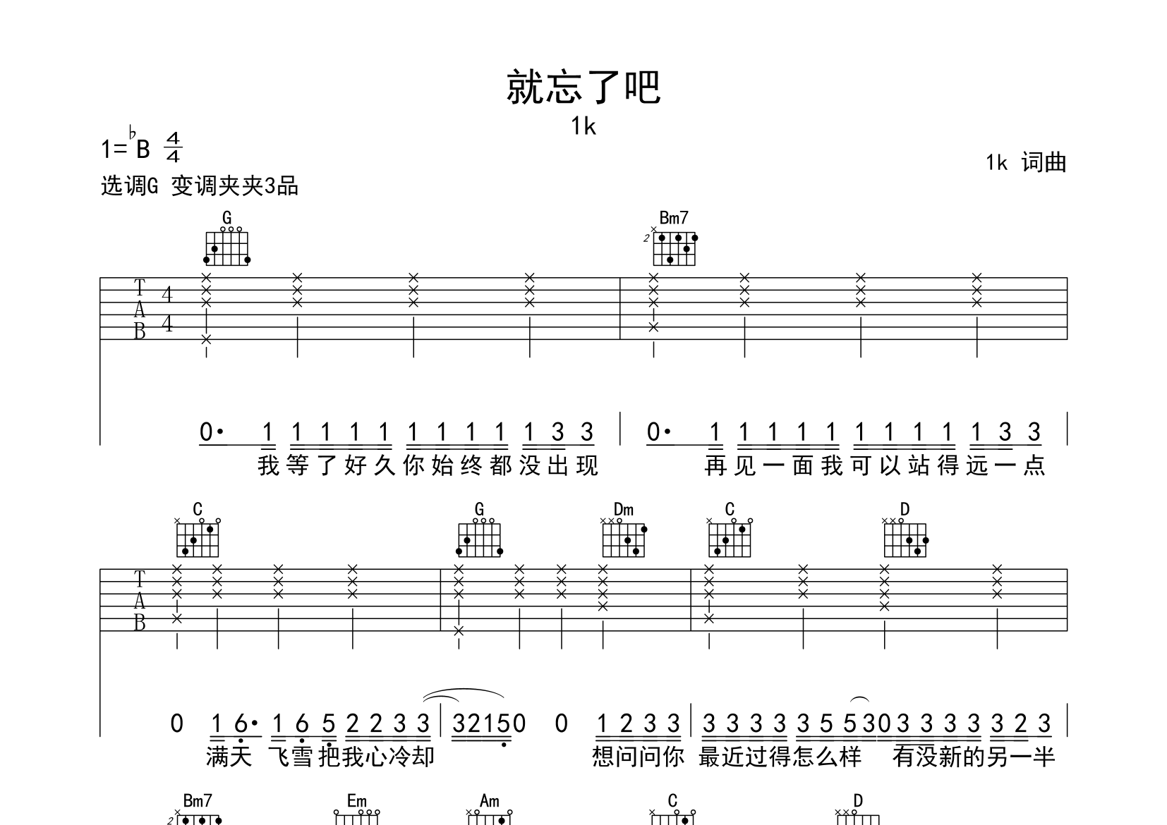 就忘了吧吉他谱预览图