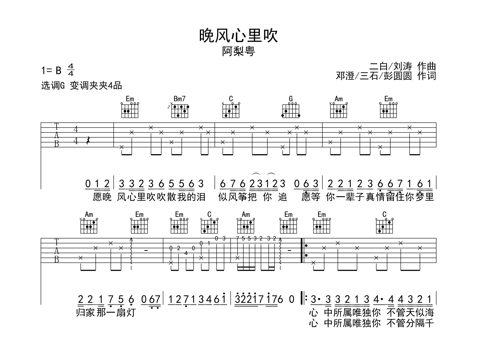 晚风心里吹吉他谱预览图