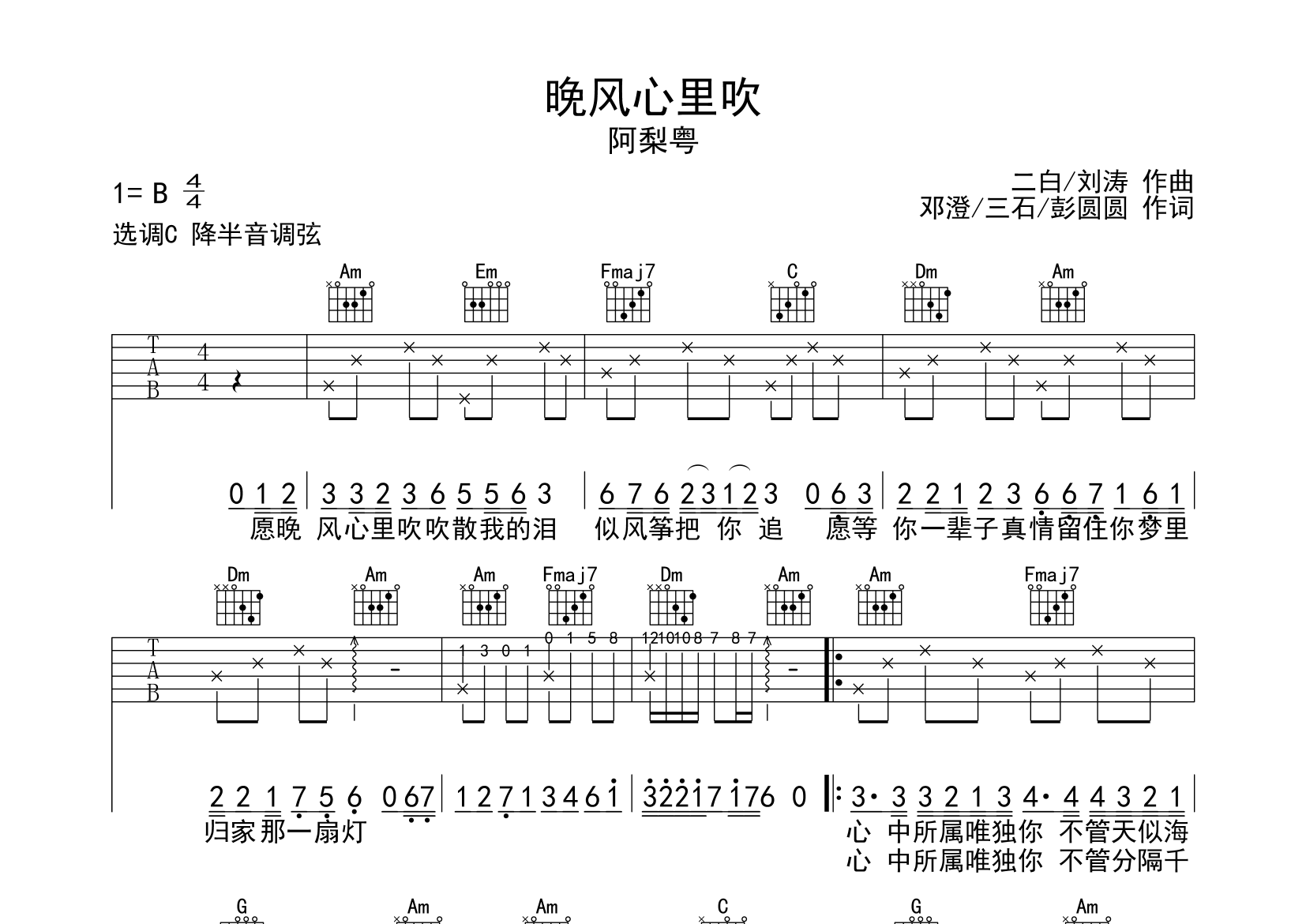 晚风心里吹吉他谱预览图