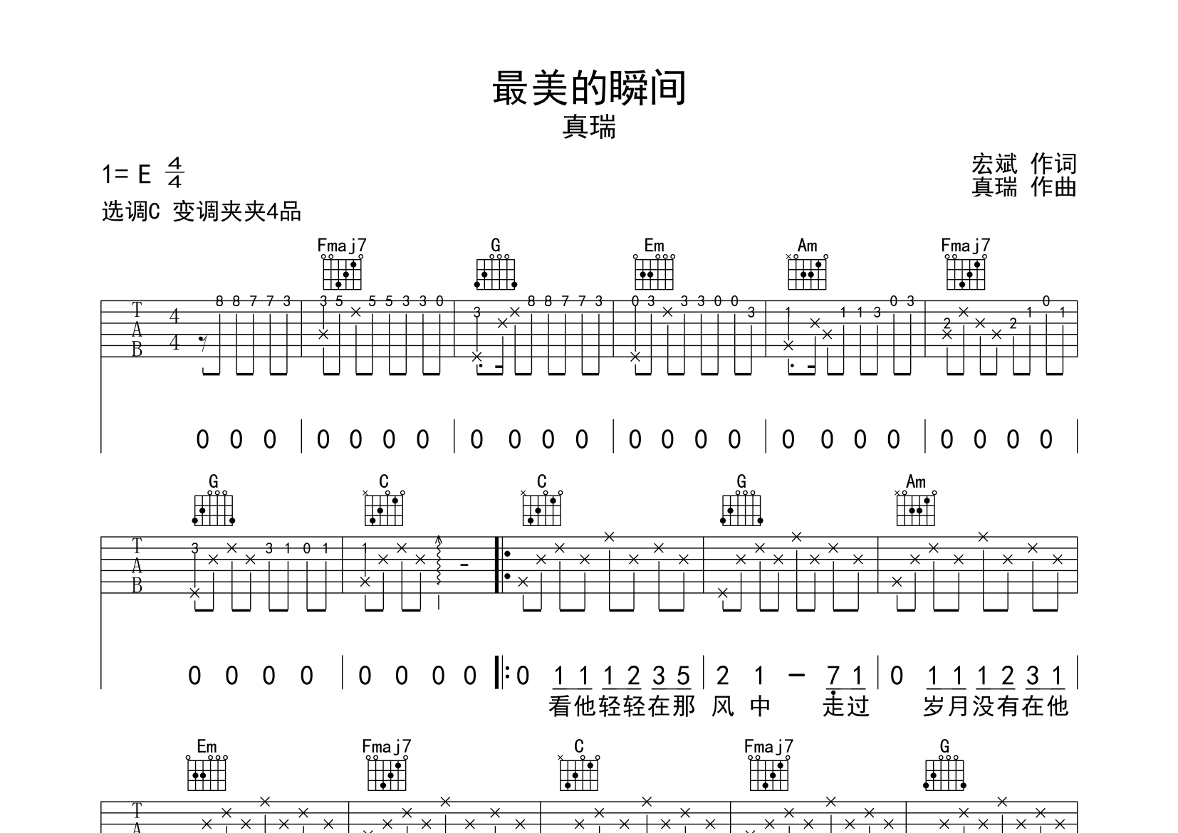 最美的瞬间吉他谱预览图