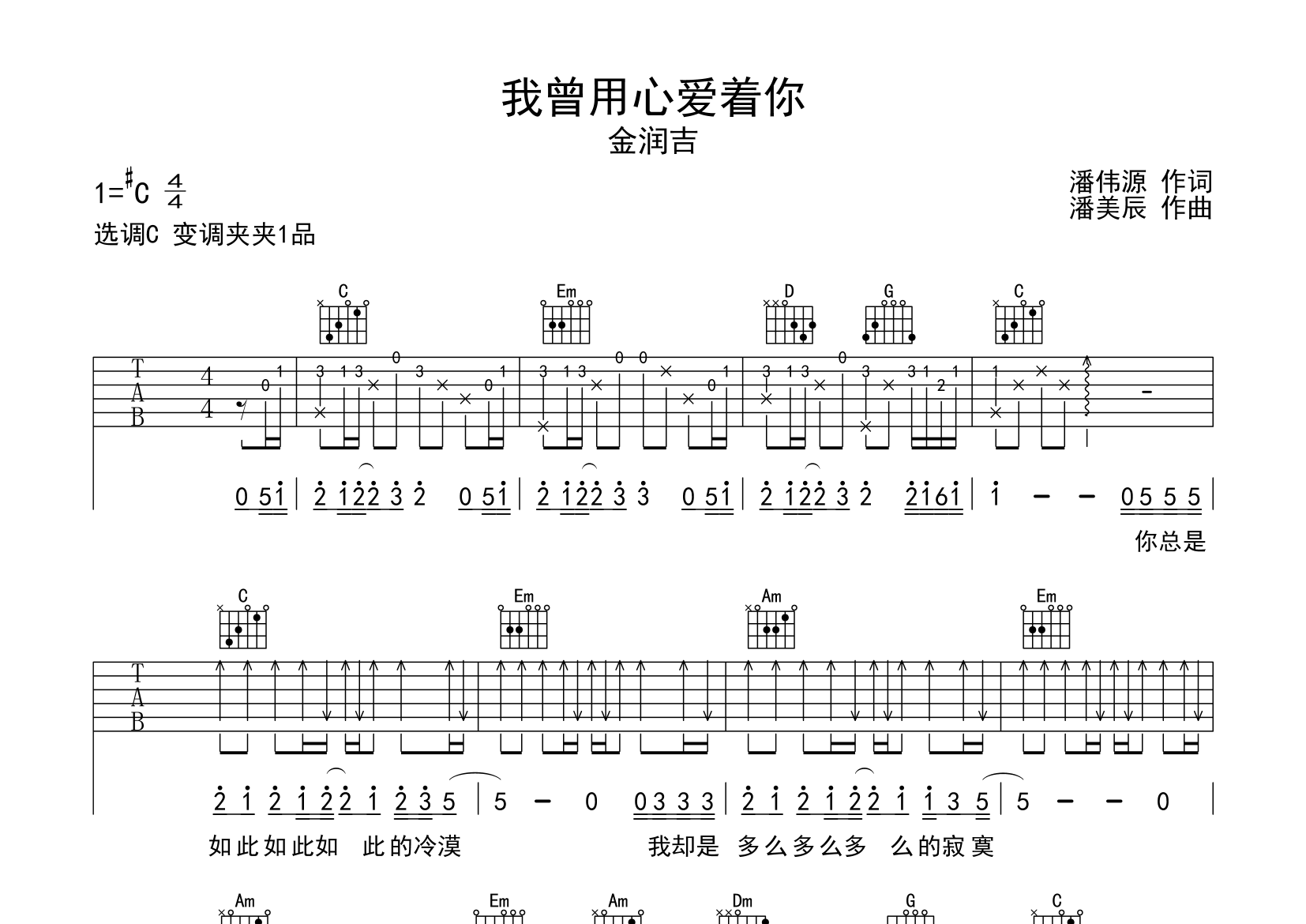 我曾用心爱着你吉他谱预览图