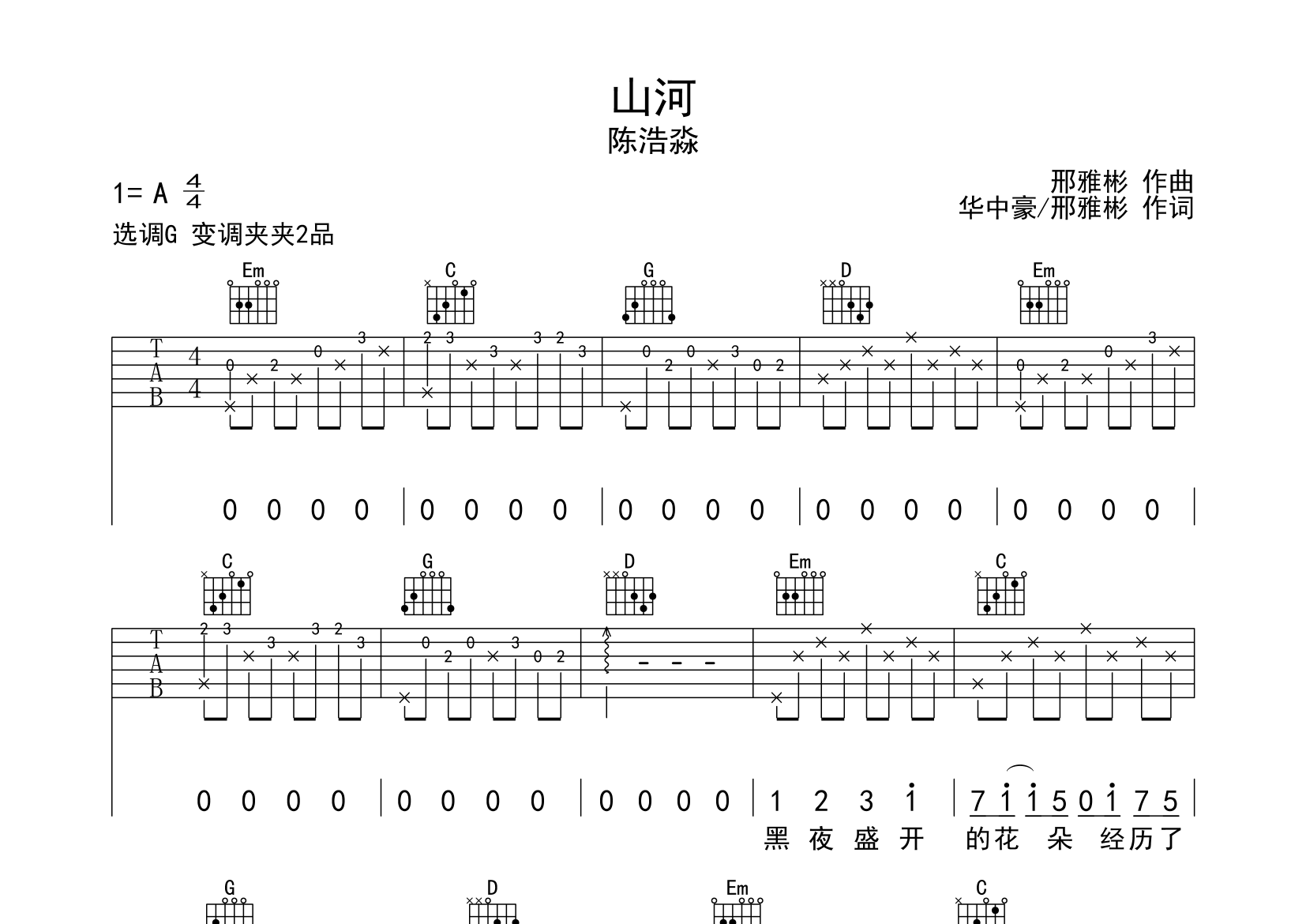 山河吉他谱预览图