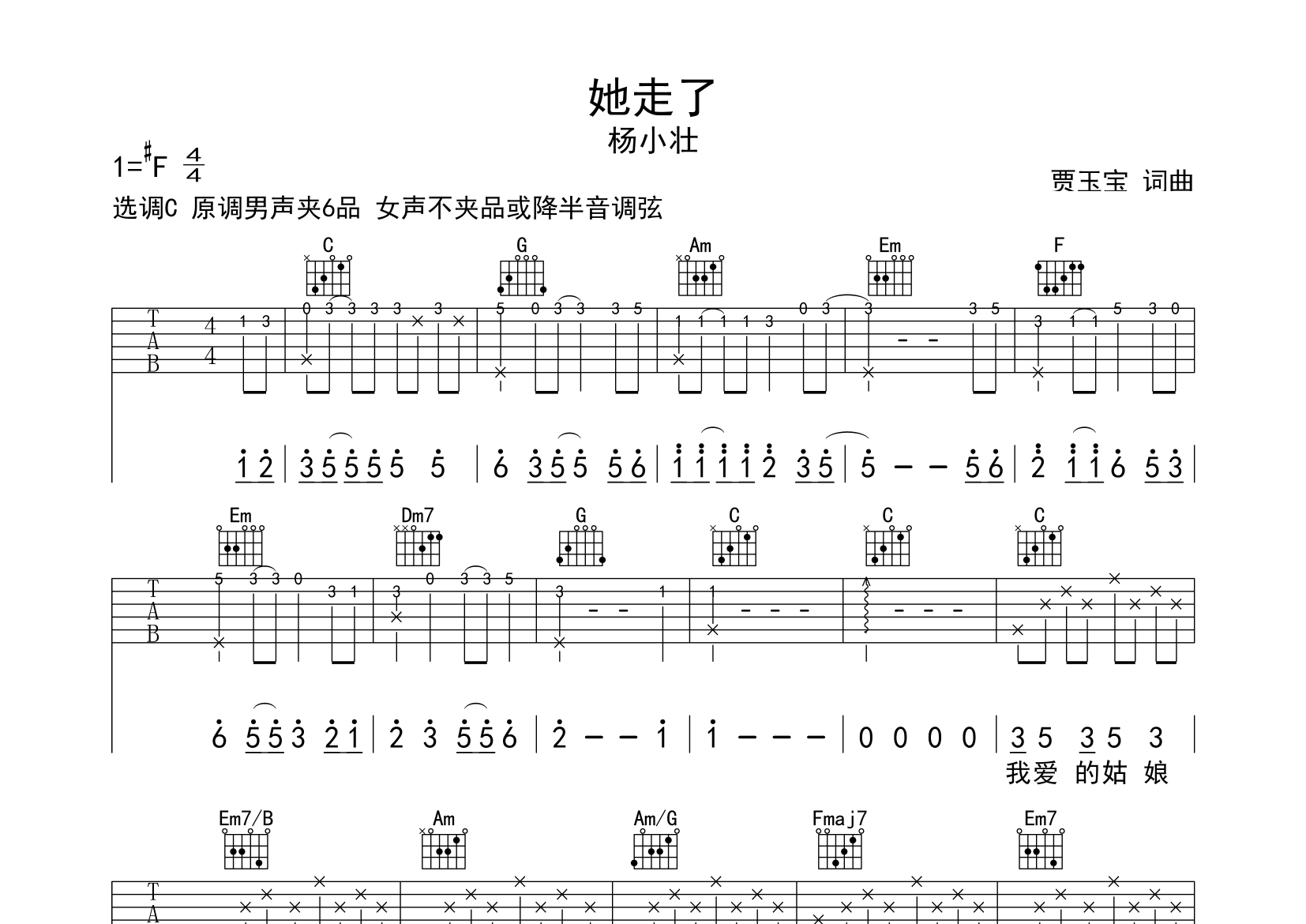 她走了吉他谱预览图