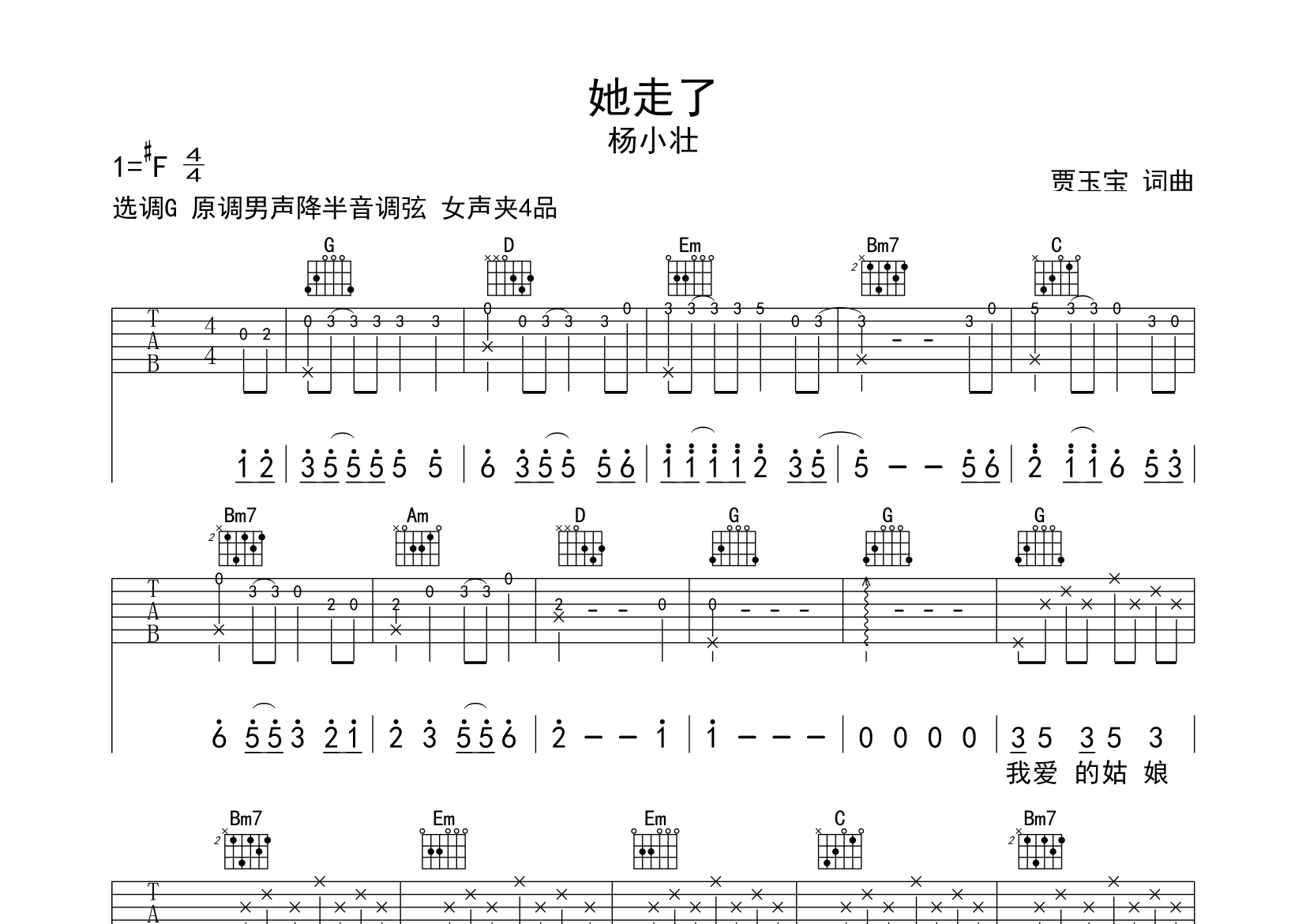 她走了吉他谱预览图