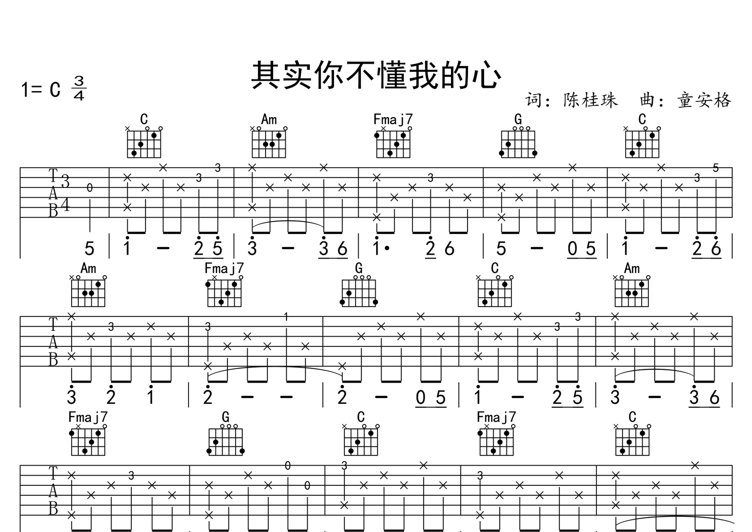 其实你不懂我的心吉他谱预览图