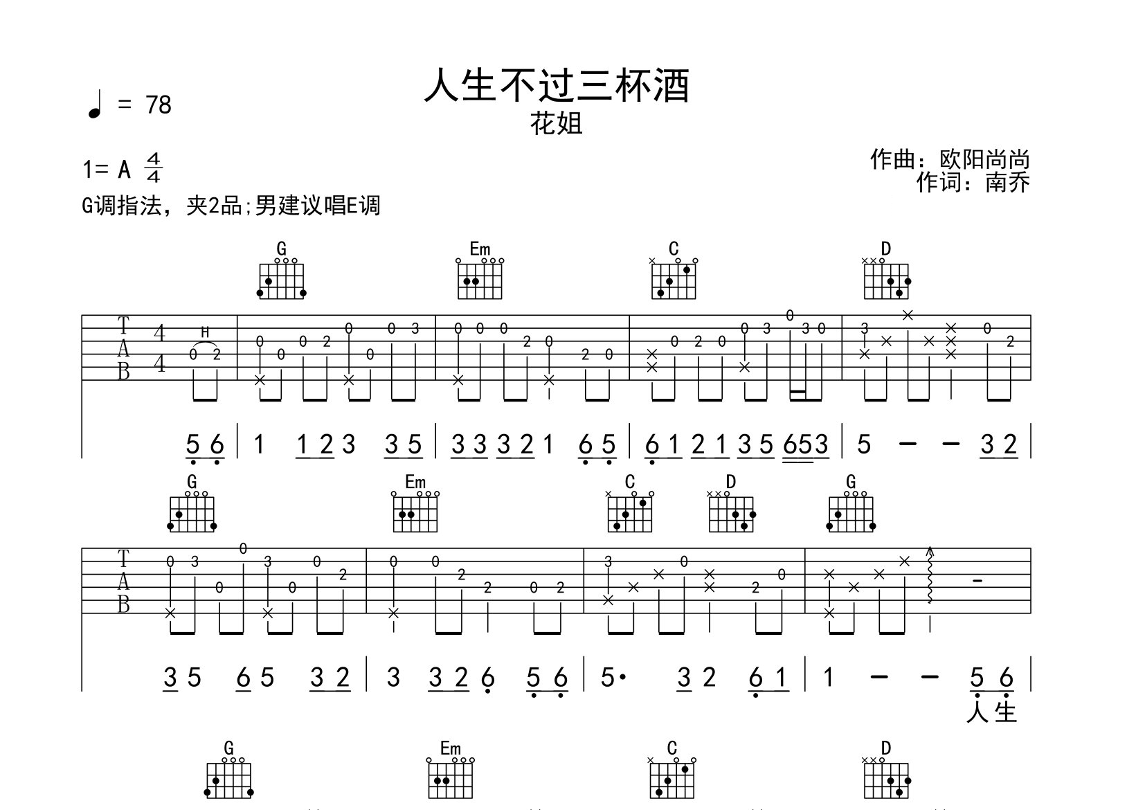 人生不过三杯酒吉他谱预览图
