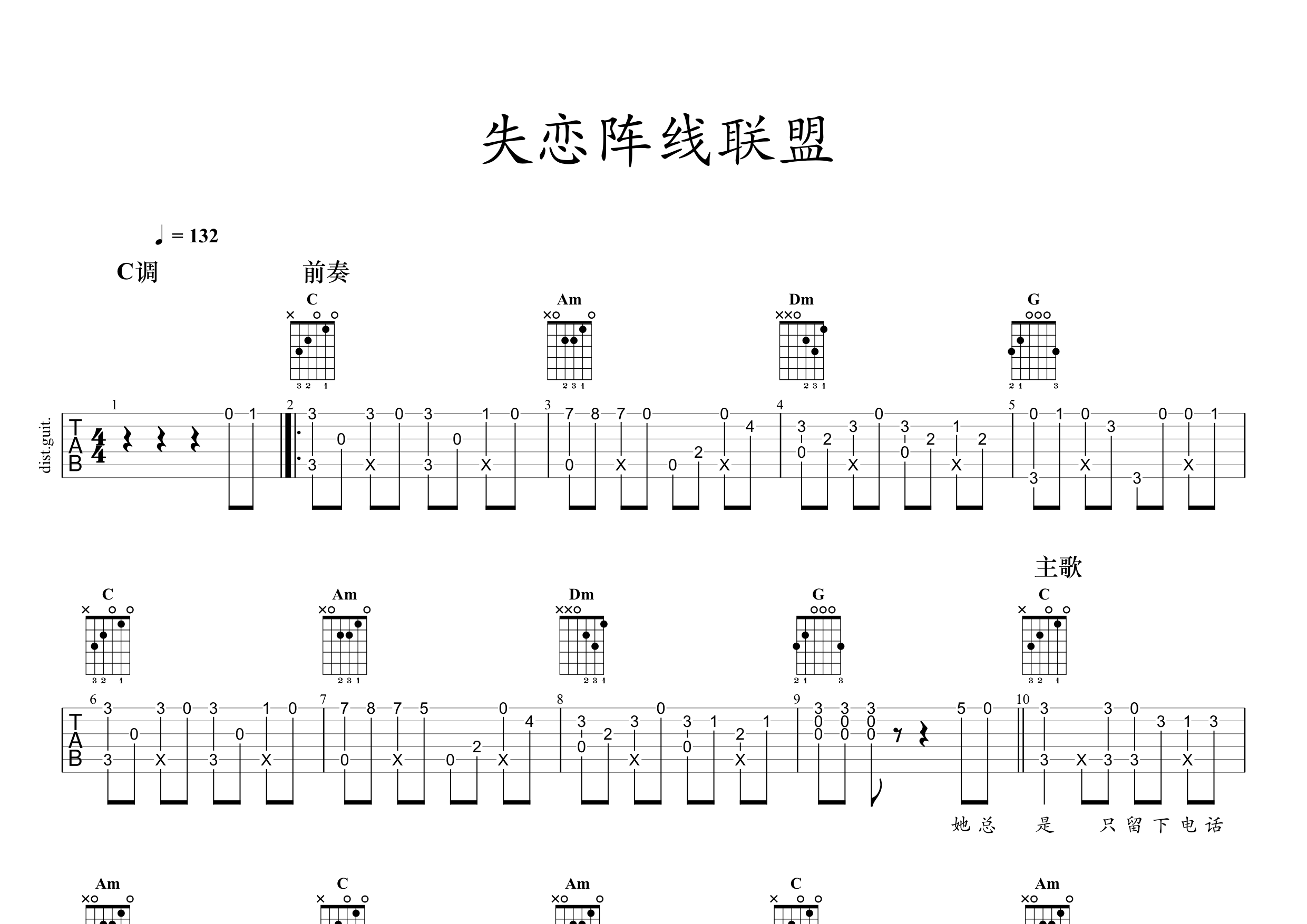 失恋阵线联盟指弹吉他谱预览图
