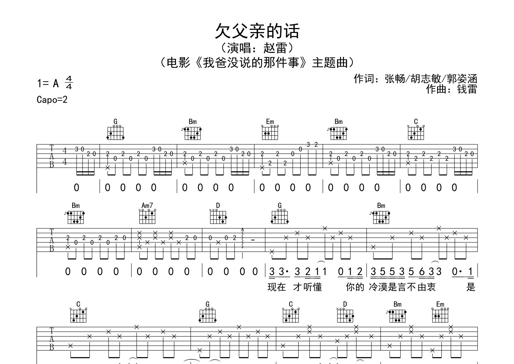 欠父亲的话吉他谱预览图