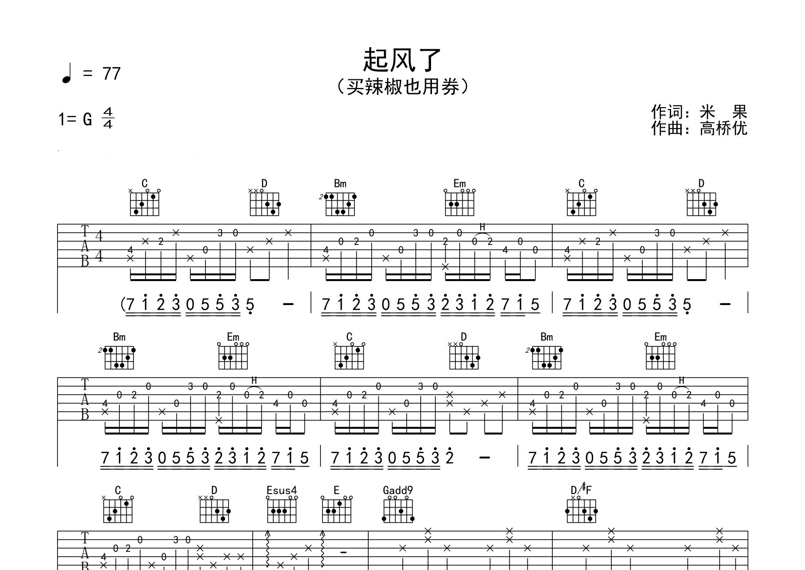 起风了吉他谱预览图