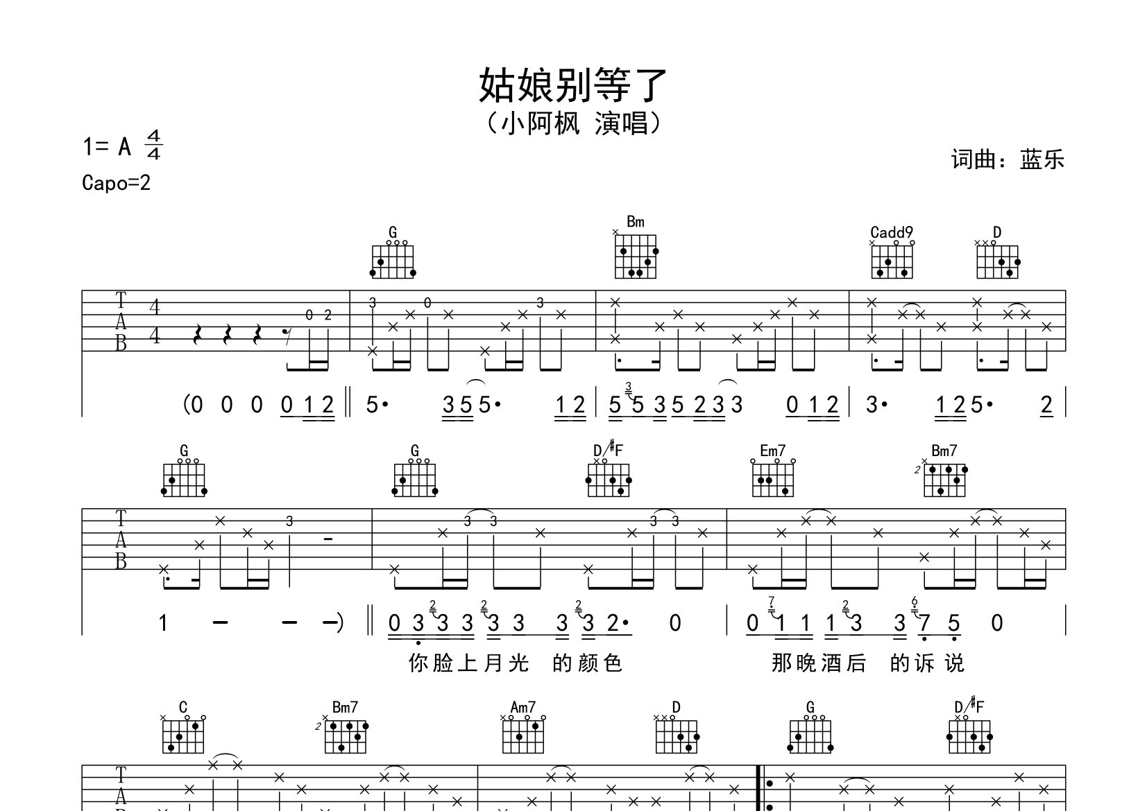 姑娘别等了吉他谱预览图