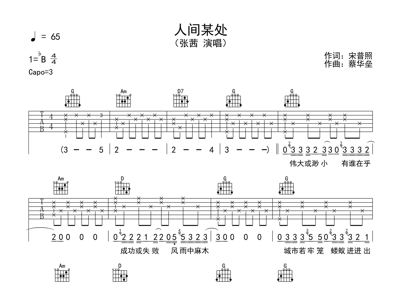 人间某处吉他谱预览图