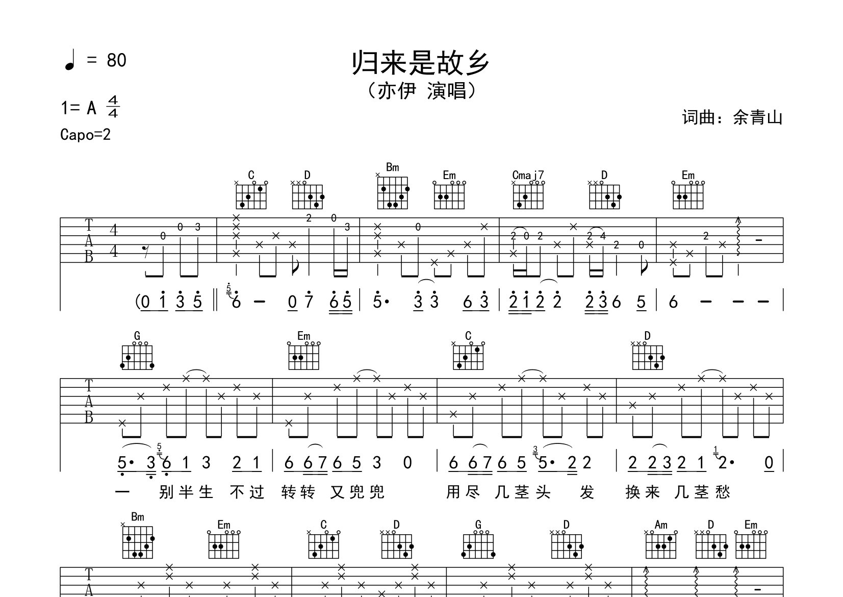 归来是故乡吉他谱预览图