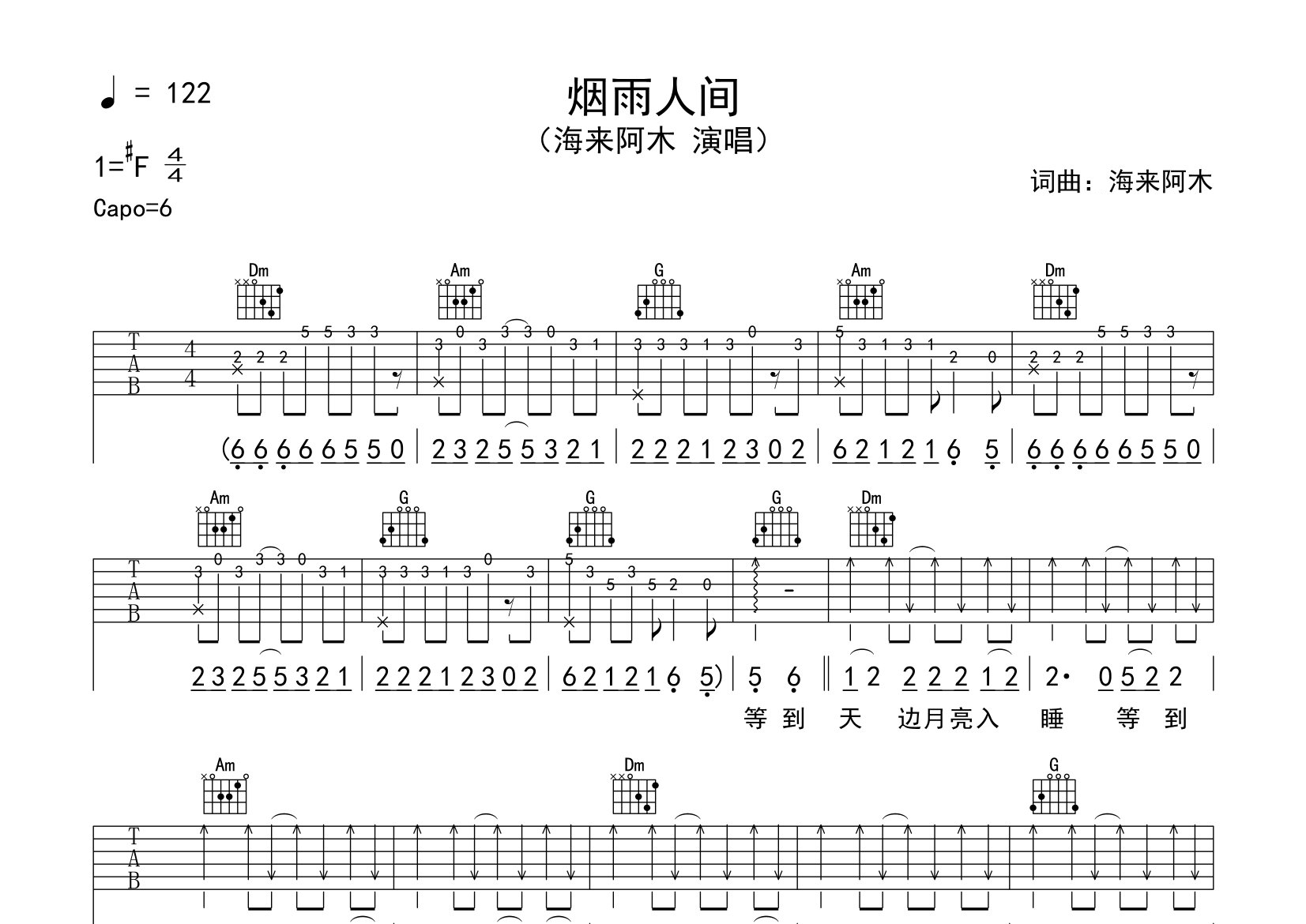 烟雨人间吉他谱预览图
