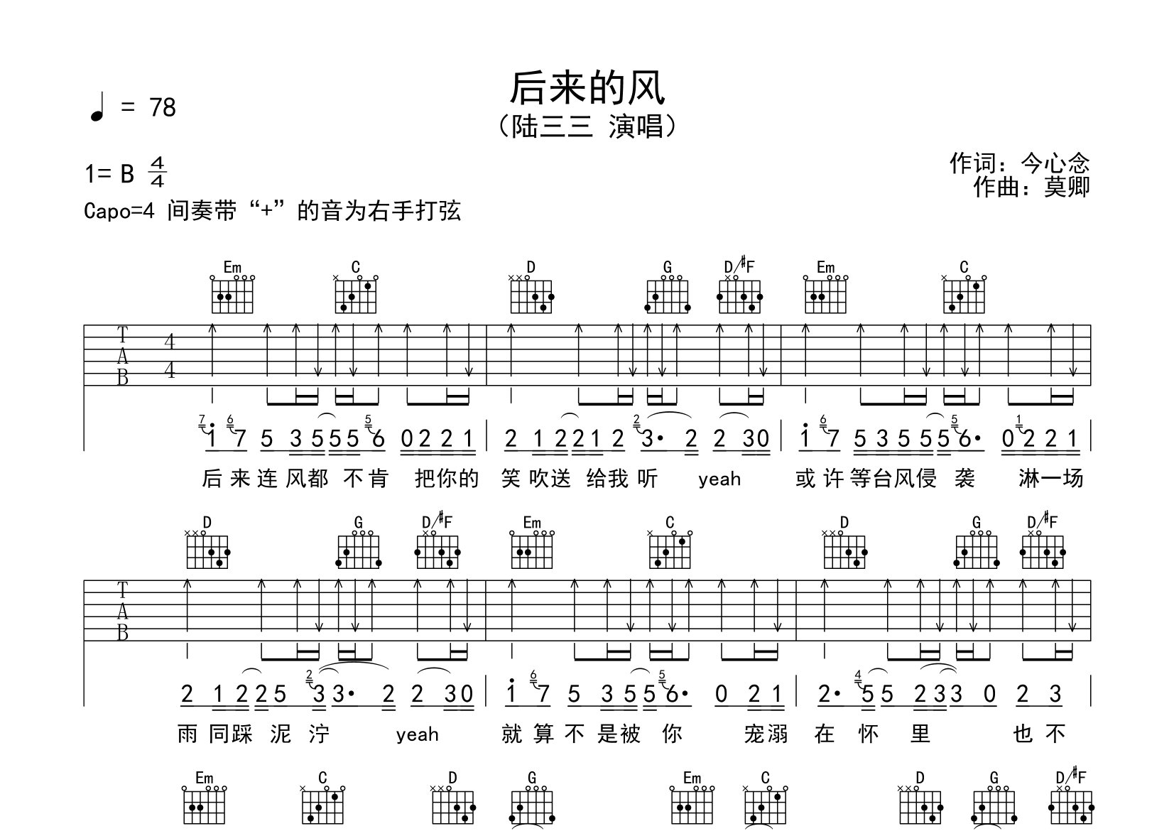 后来的风吉他谱预览图