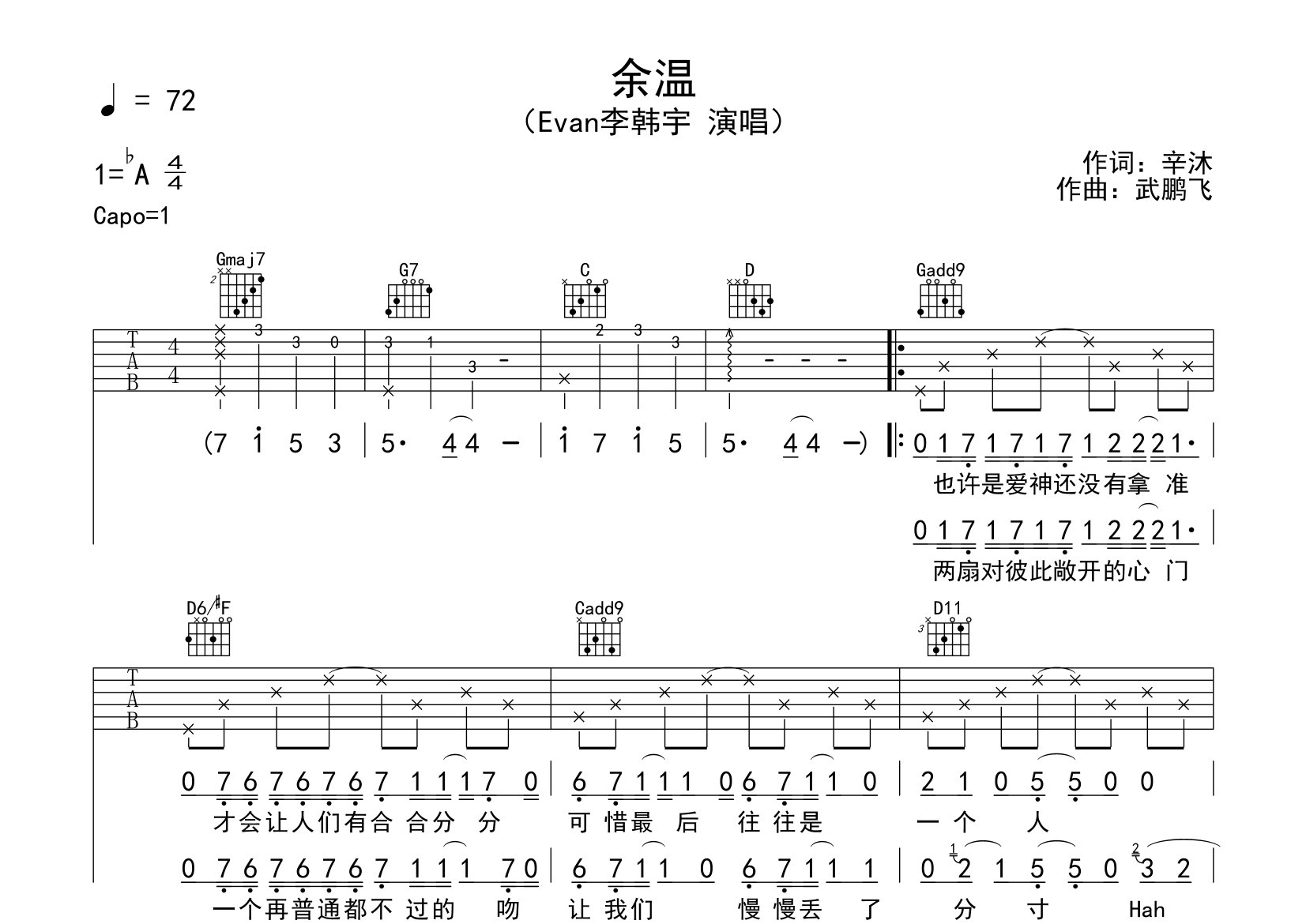 余温吉他谱预览图