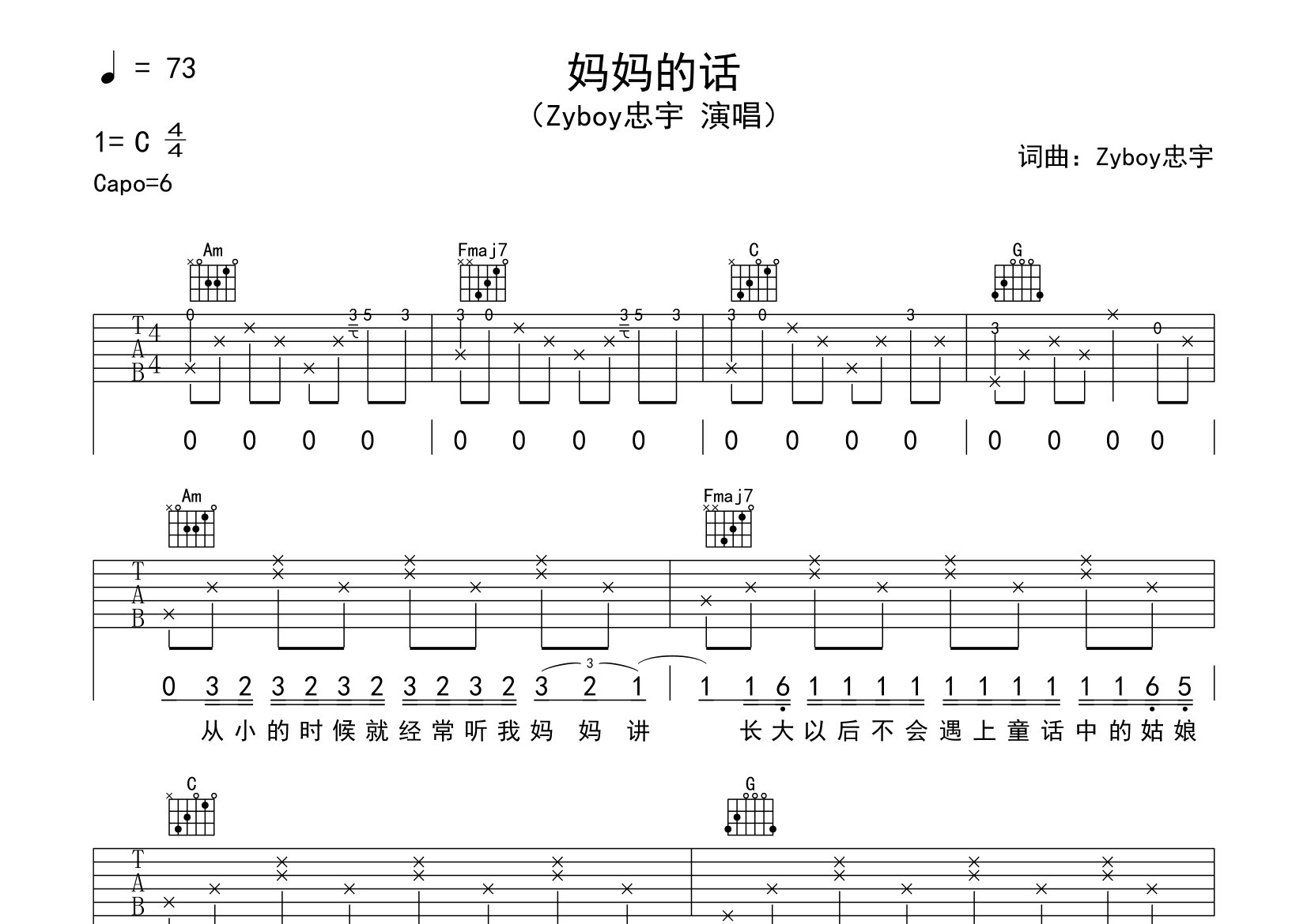 妈妈的话吉他谱预览图