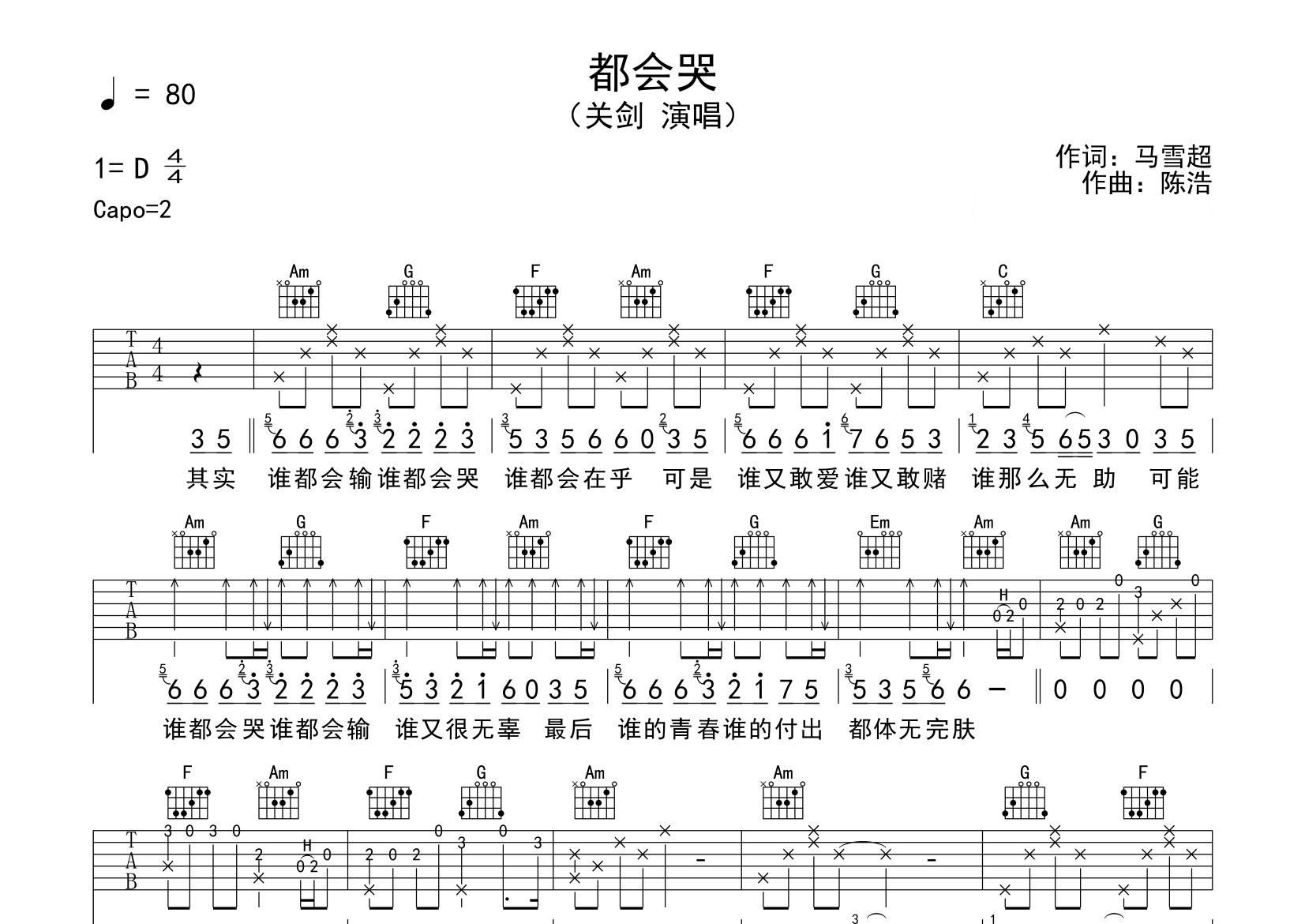 都会哭吉他谱预览图