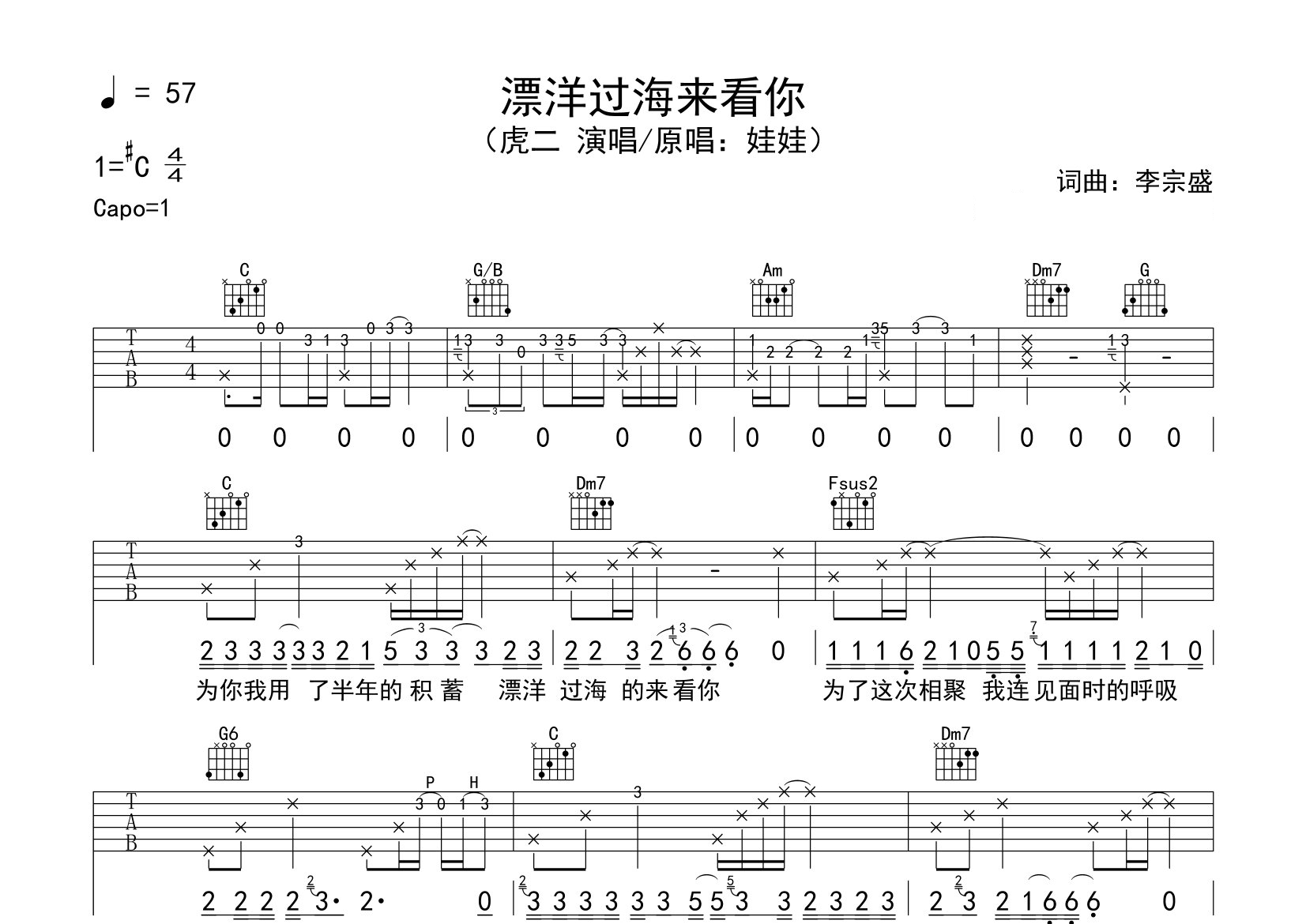 漂洋过海来看你吉他谱预览图