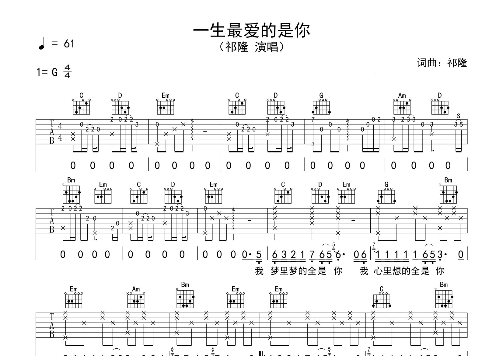 一生最爱的是你吉他谱预览图