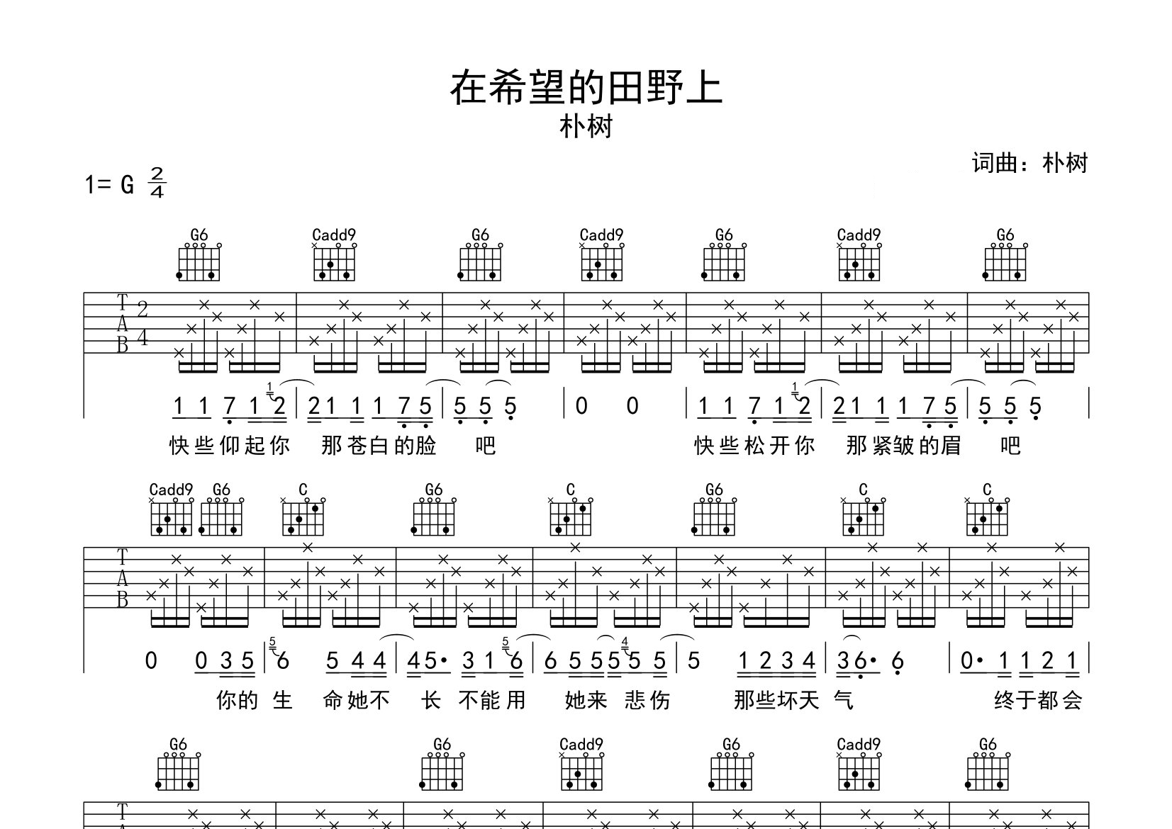 在希望的田野上吉他谱预览图