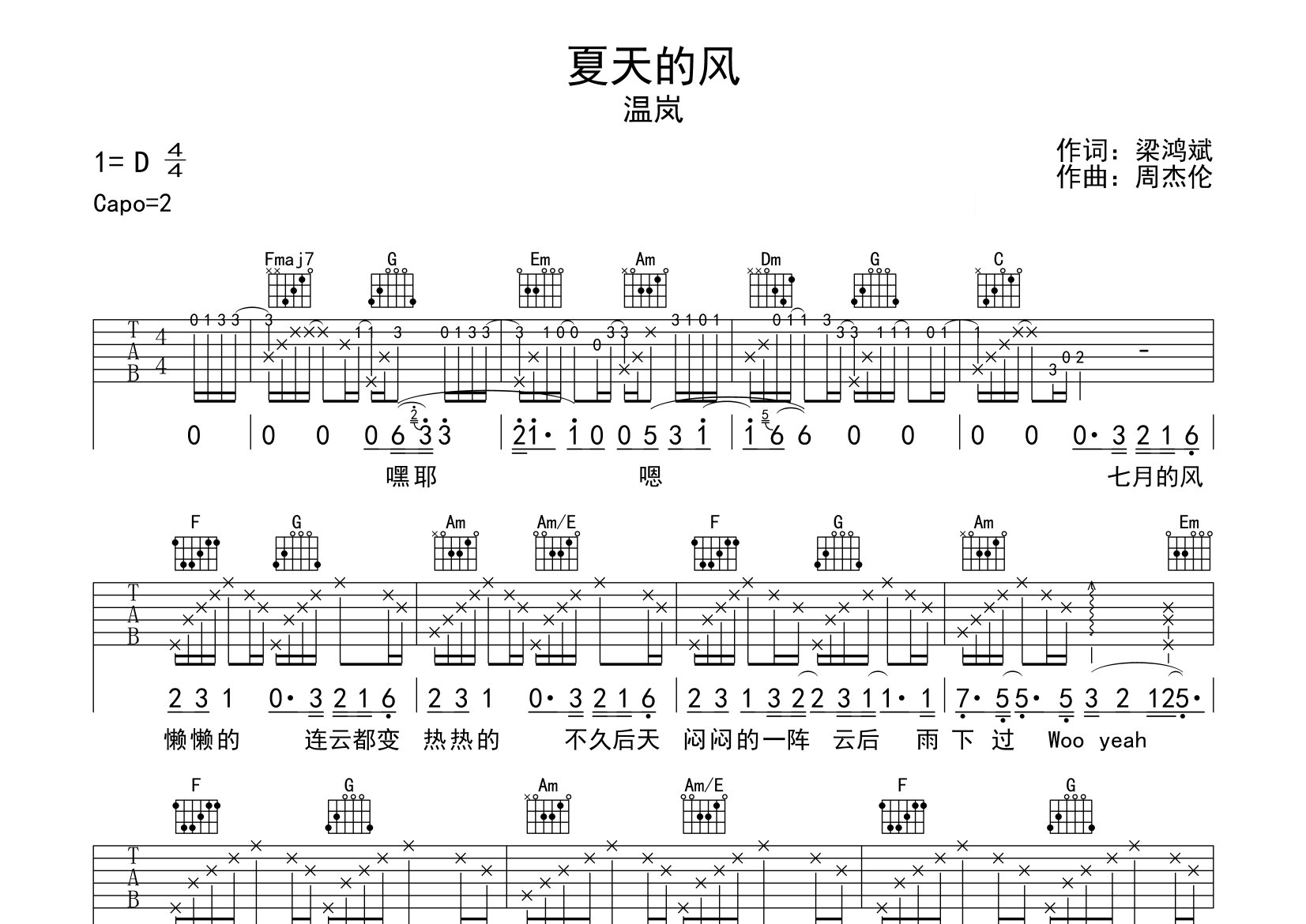 夏天的风吉他谱预览图