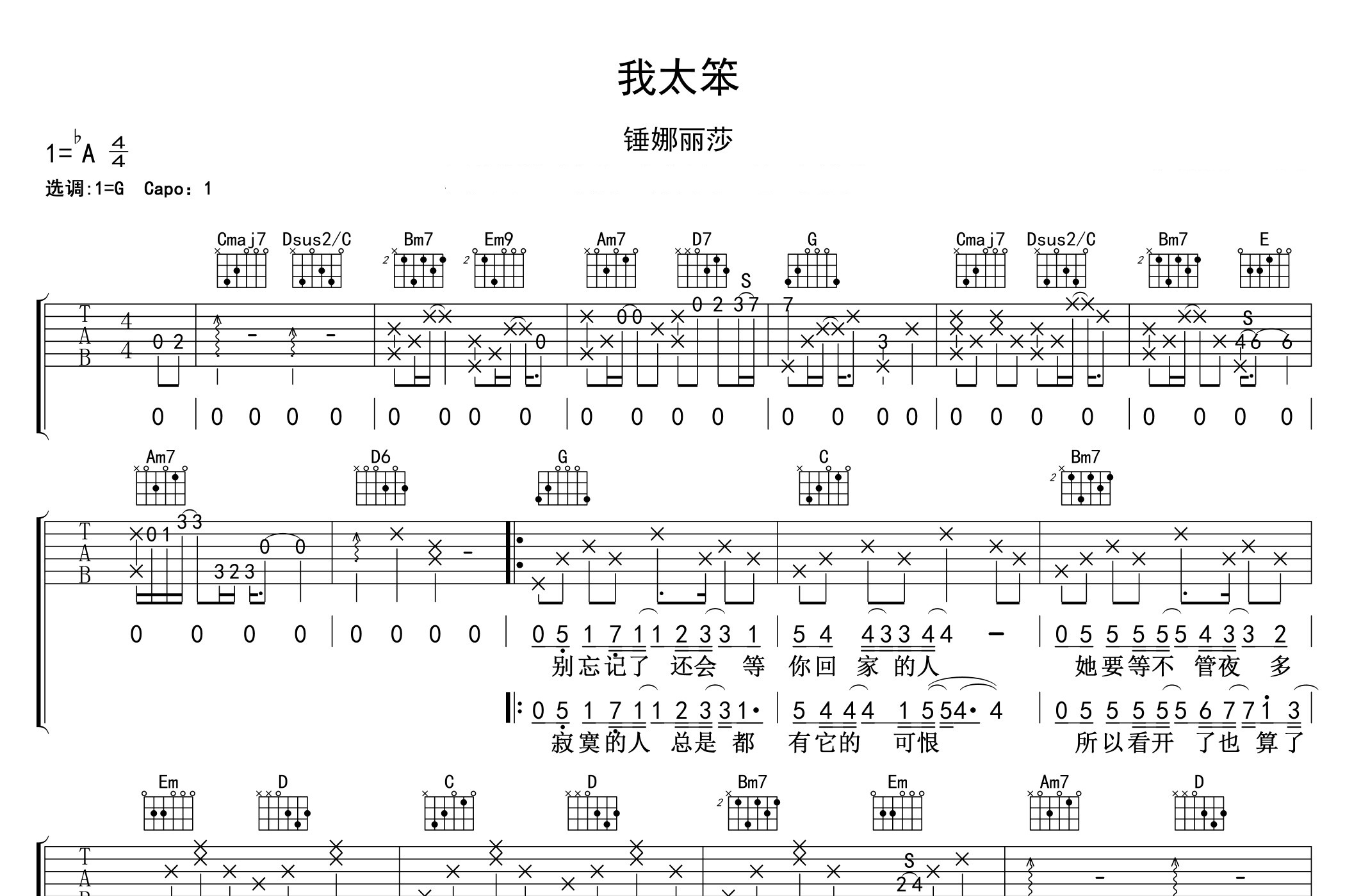 我太笨吉他谱预览图