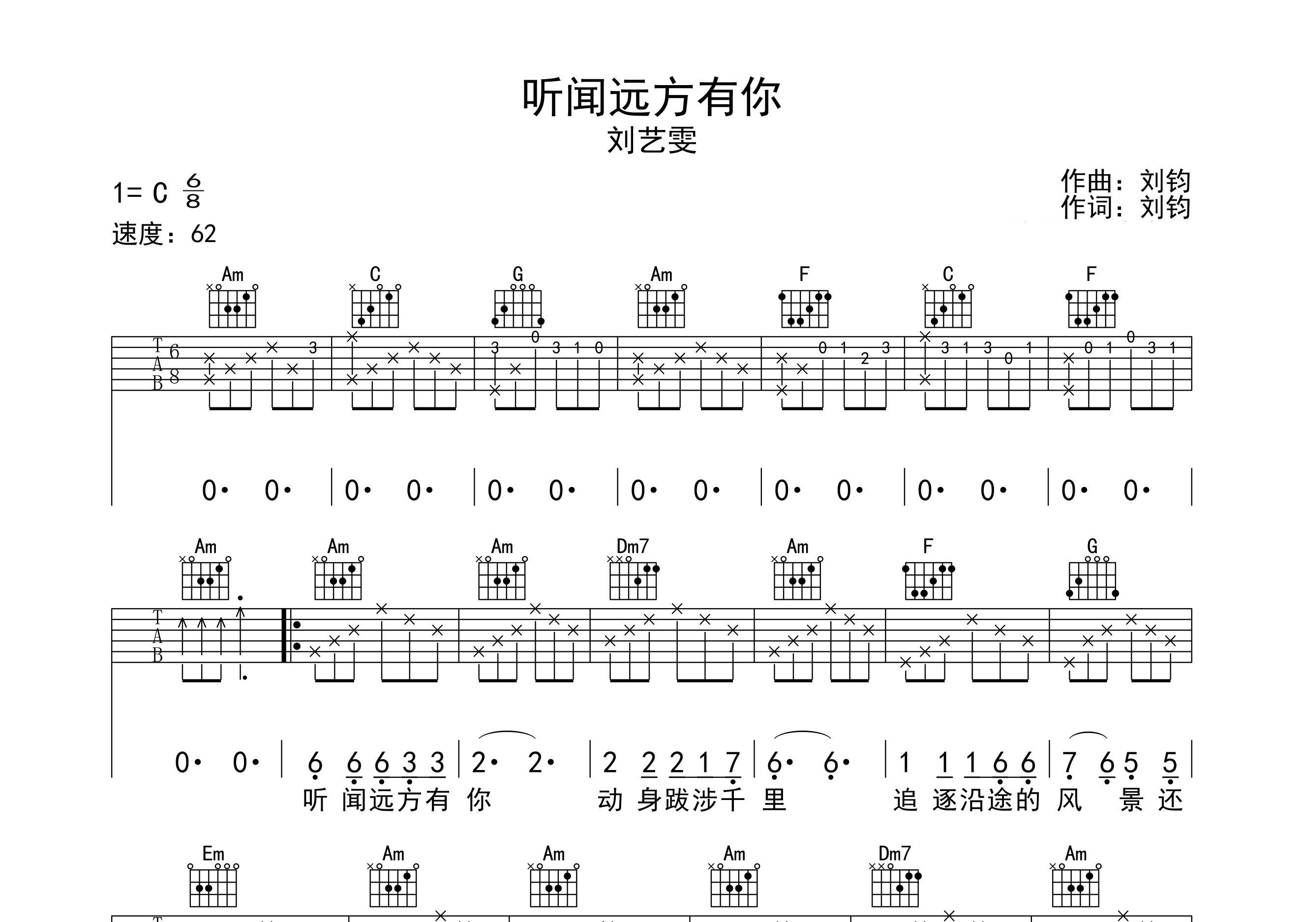 听闻远方有你吉他谱预览图