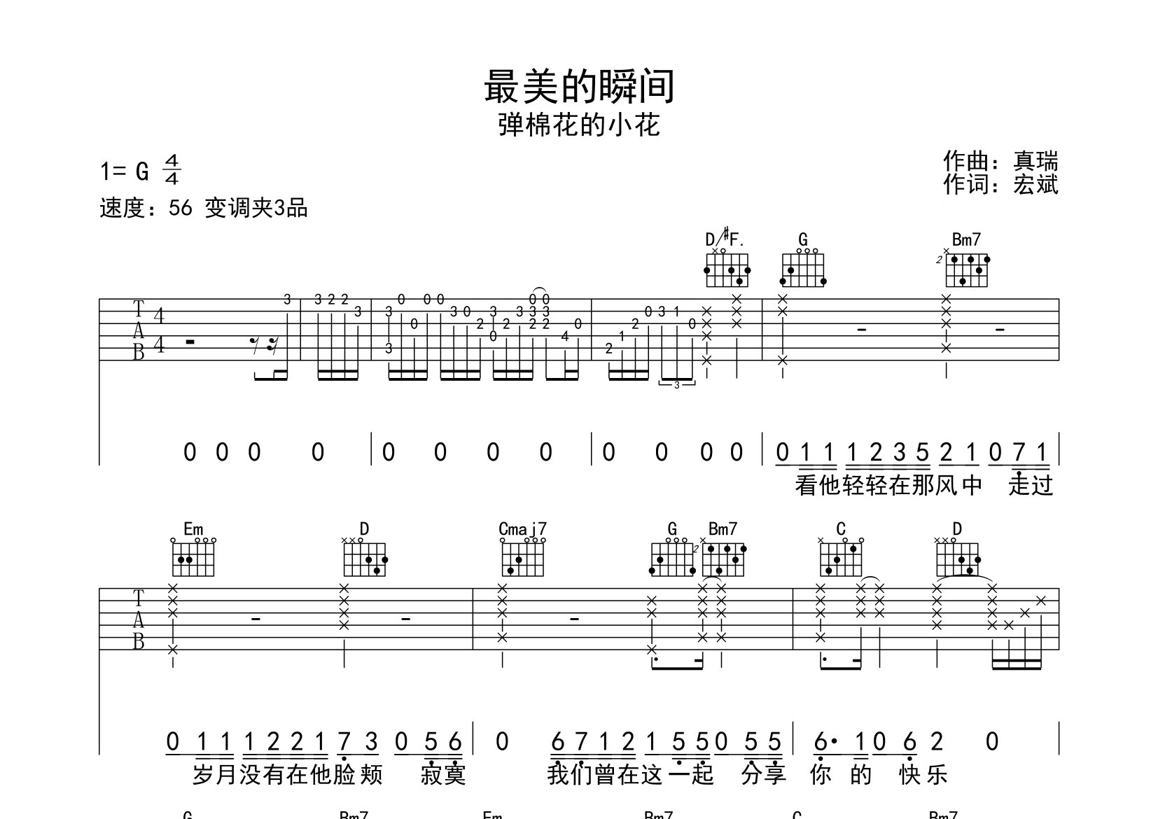 最美的瞬间吉他谱预览图