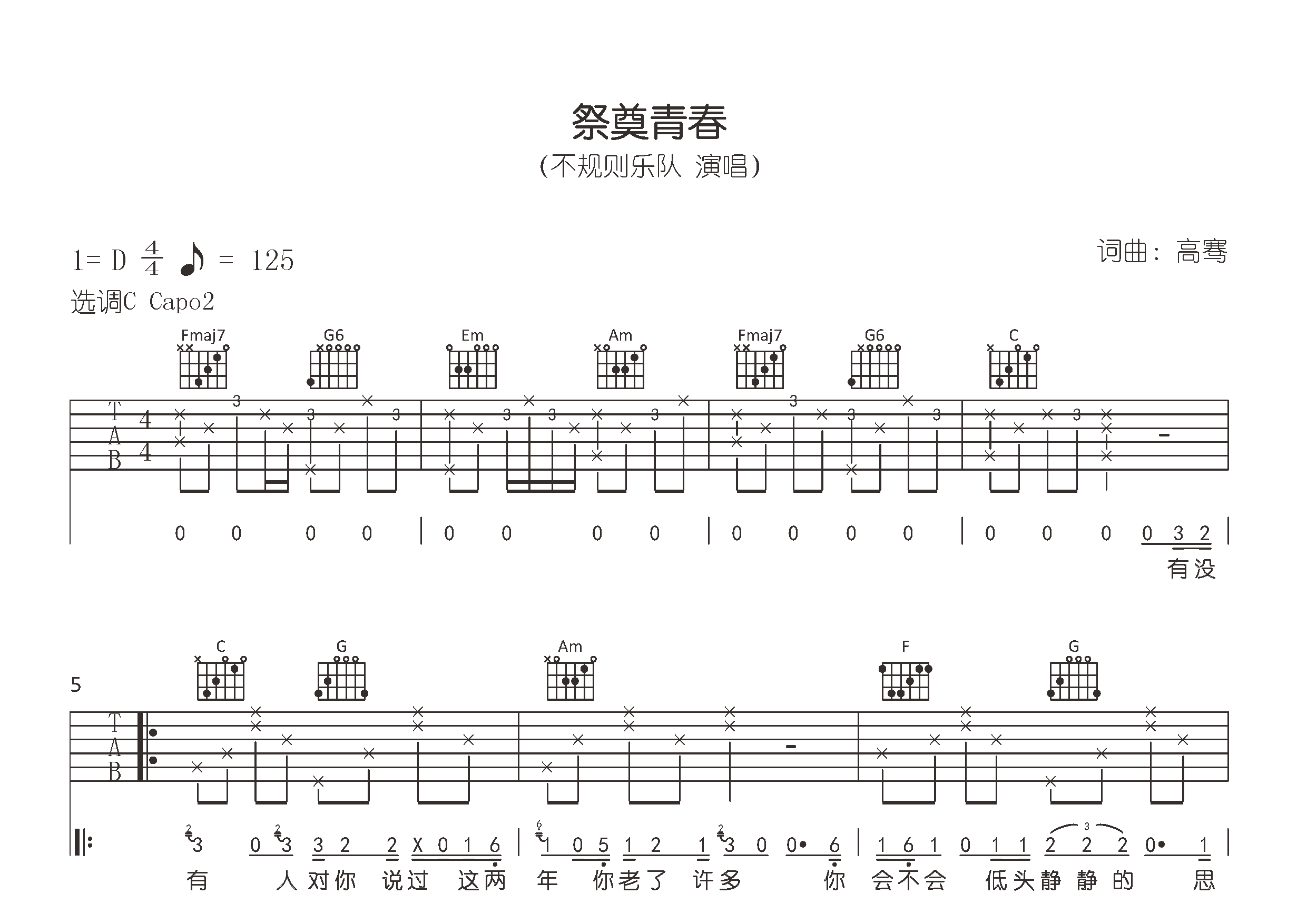 祭奠青春吉他谱预览图
