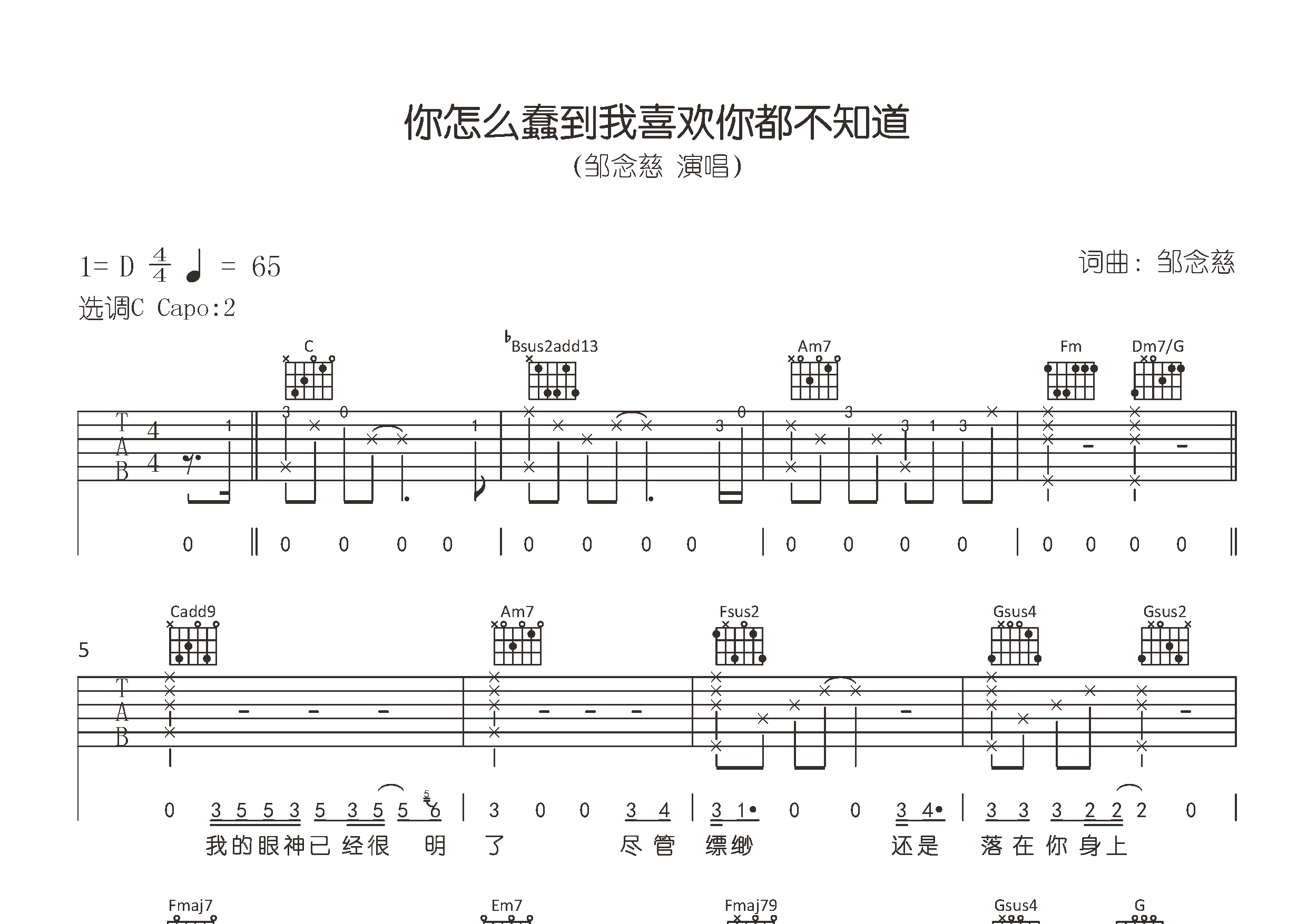 你怎么蠢到我喜欢你都不知道吉他谱预览图
