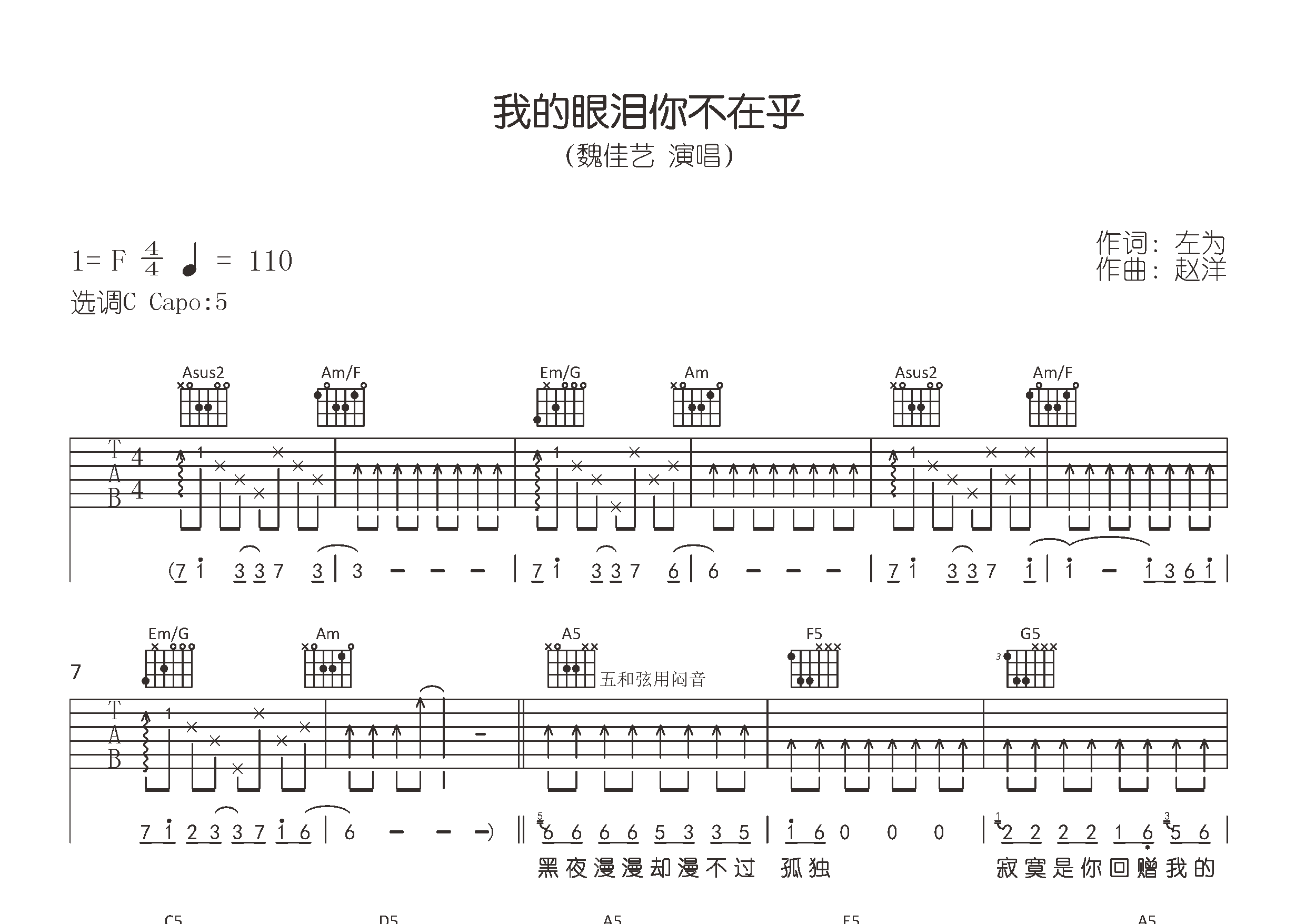 我的眼泪你不在乎吉他谱预览图