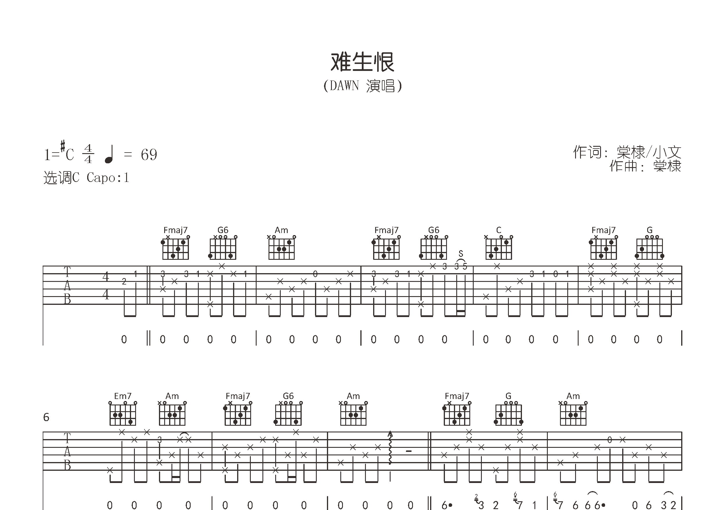 难生恨吉他谱预览图