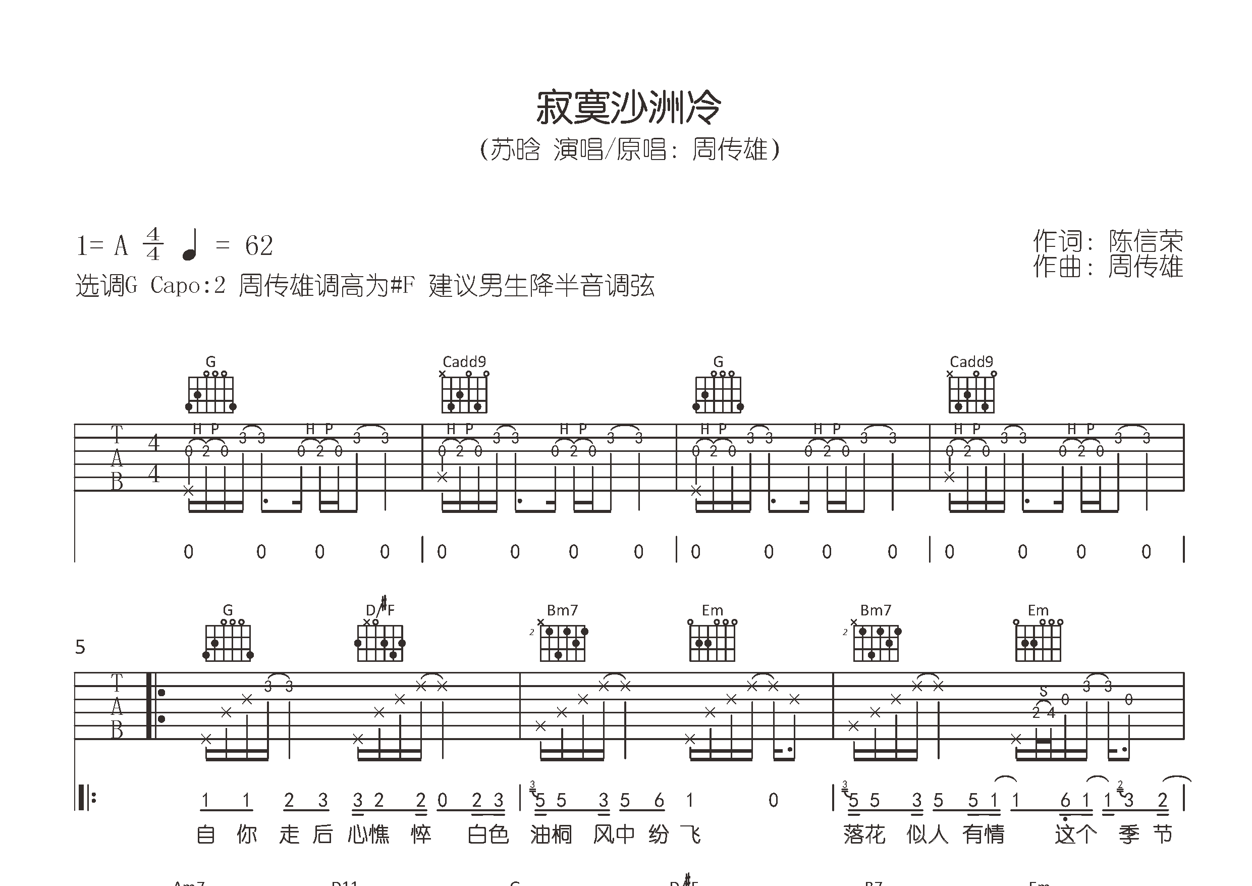 寂寞沙洲冷吉他谱预览图