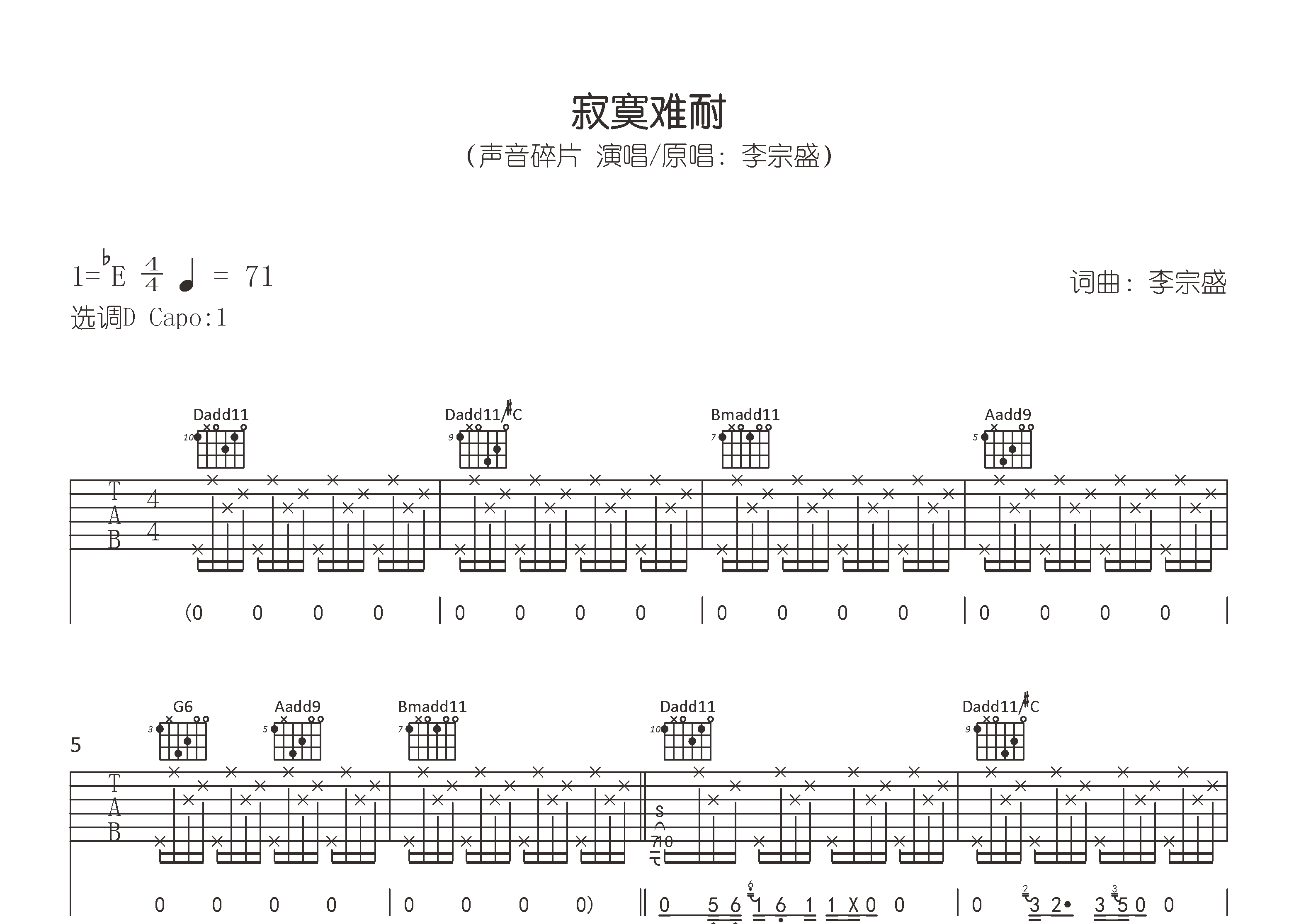 寂寞难耐吉他谱预览图