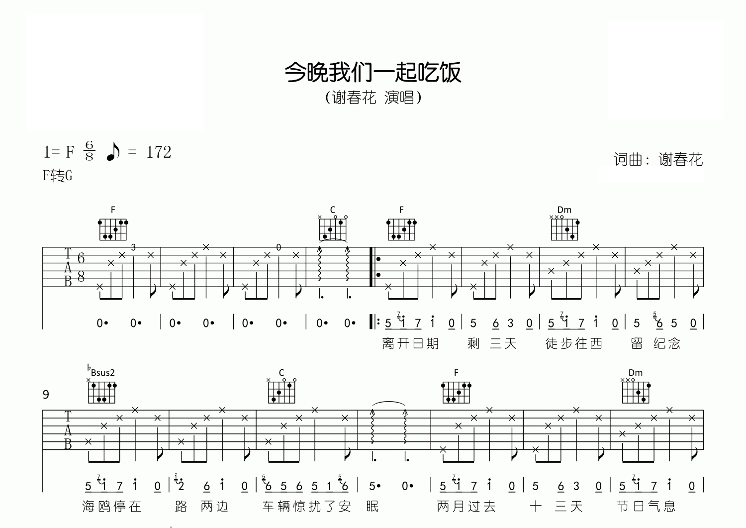 今晚我们一起吃饭吉他谱预览图