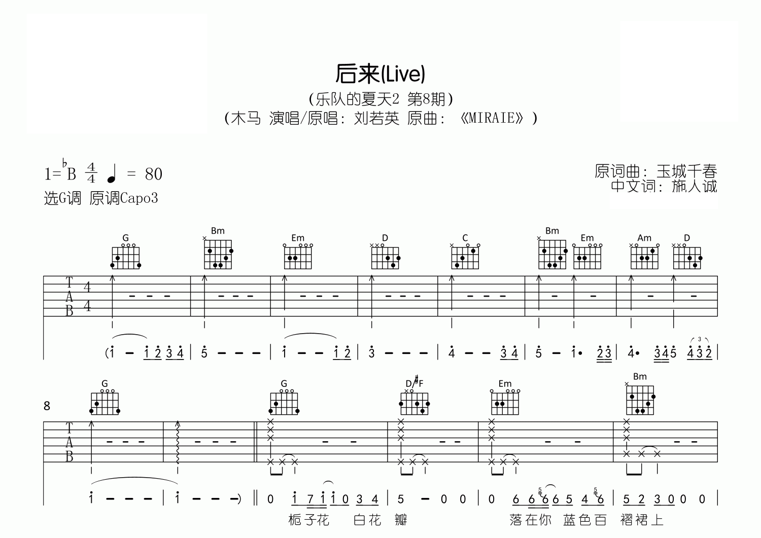 后来吉他谱预览图